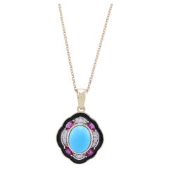 Gemistry 3.29 Cttw Turquoise/Rhodolite 18 Inch Necklace in 14K Yellow Gold