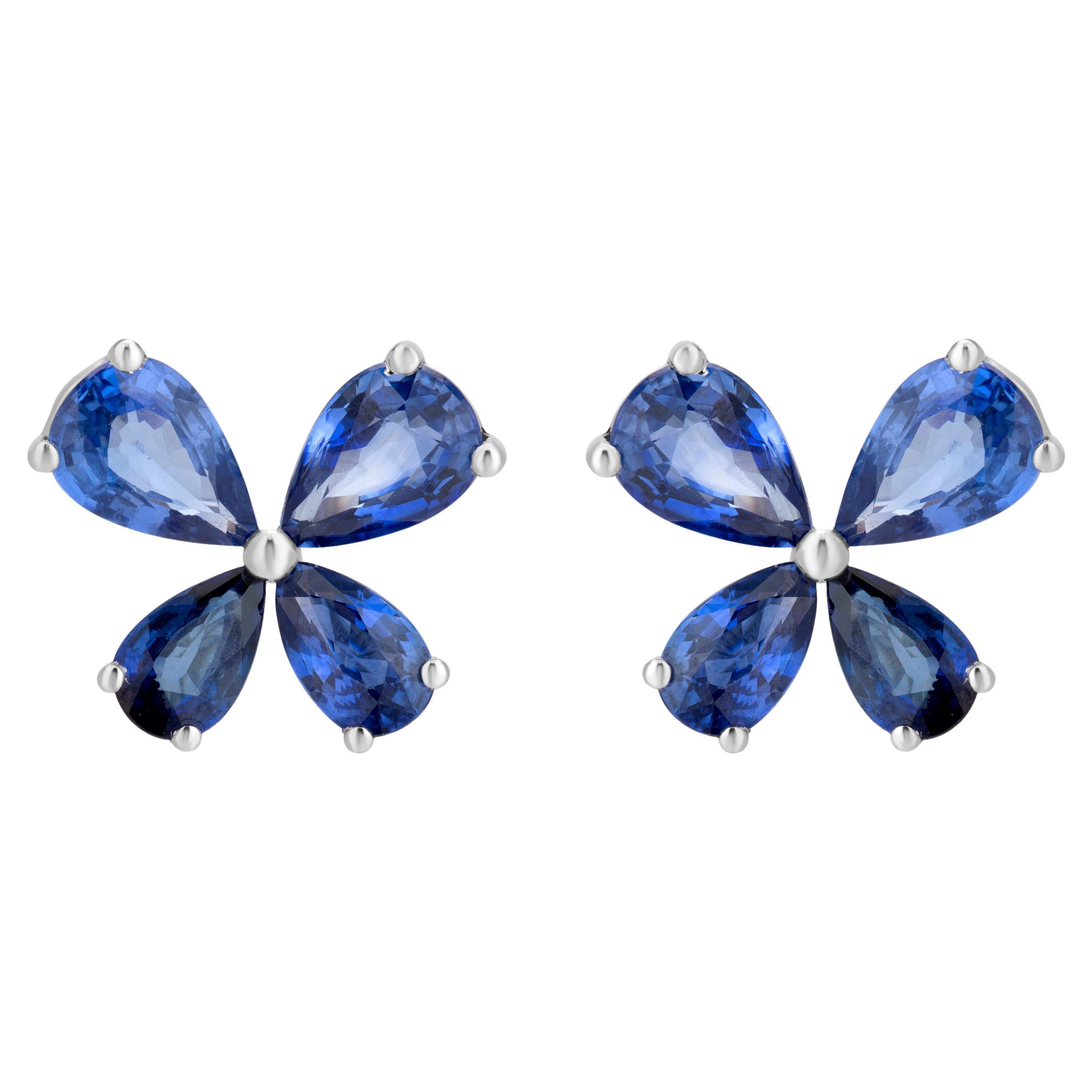 Gemistry 3.45 Cttw. Blue Sapphire Floral Stud Earrings in 18k White Gold