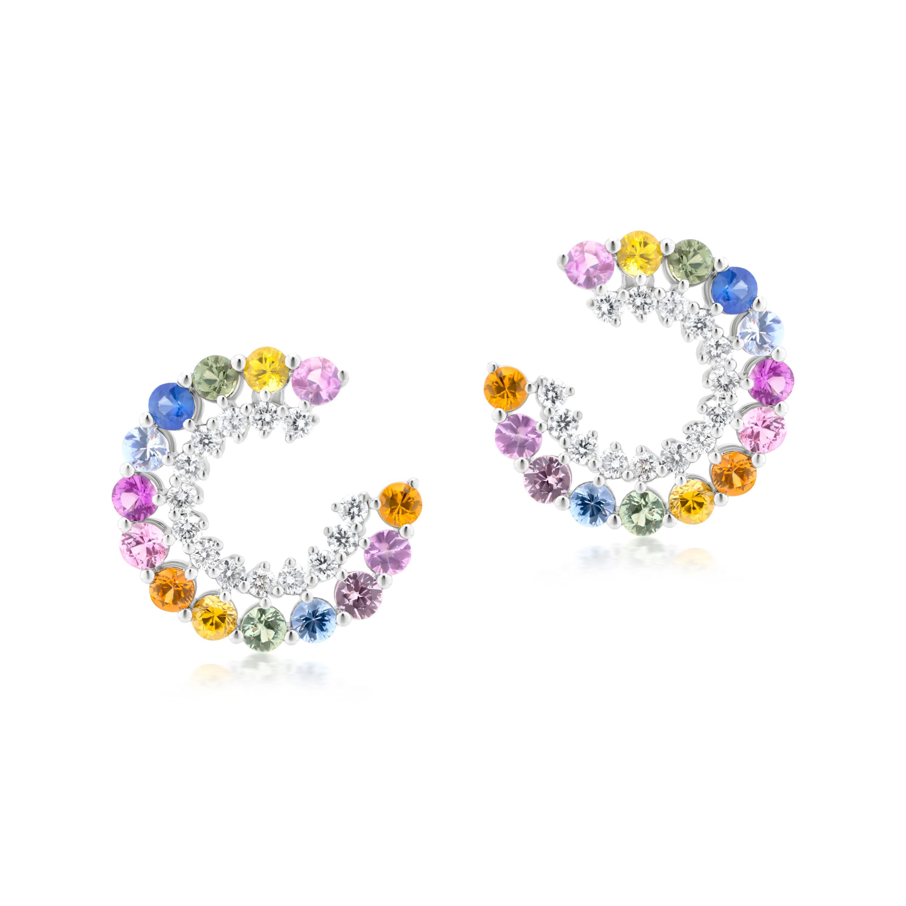 Round Cut Gemistry 4.3 Cttw.  Multi Sapphire and Diamond Hoop Earrings in 18K White Gold