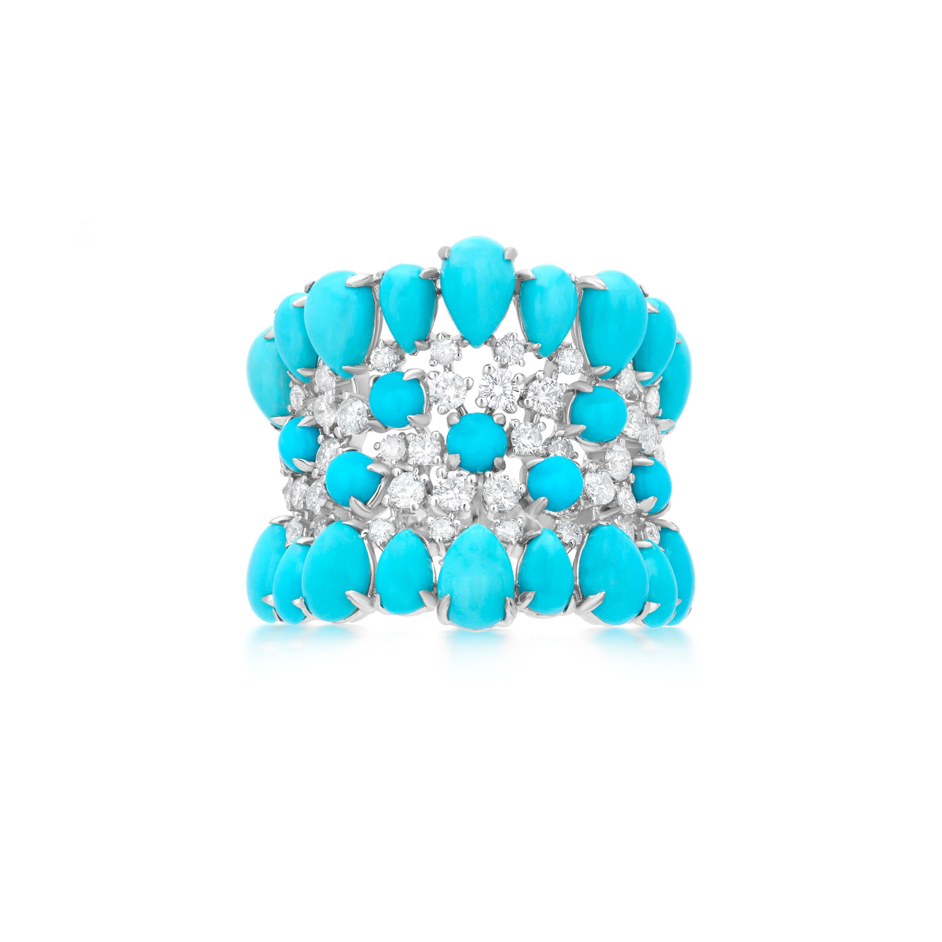 Introducing our stunning Ring with Turquoise and Diamond in 18K White Gold! This gorgeous ring features a dome design with round full cut white diamonds and 10 pear shaped sleeping beauty turquoise studded on the band. It's the perfect piece to add