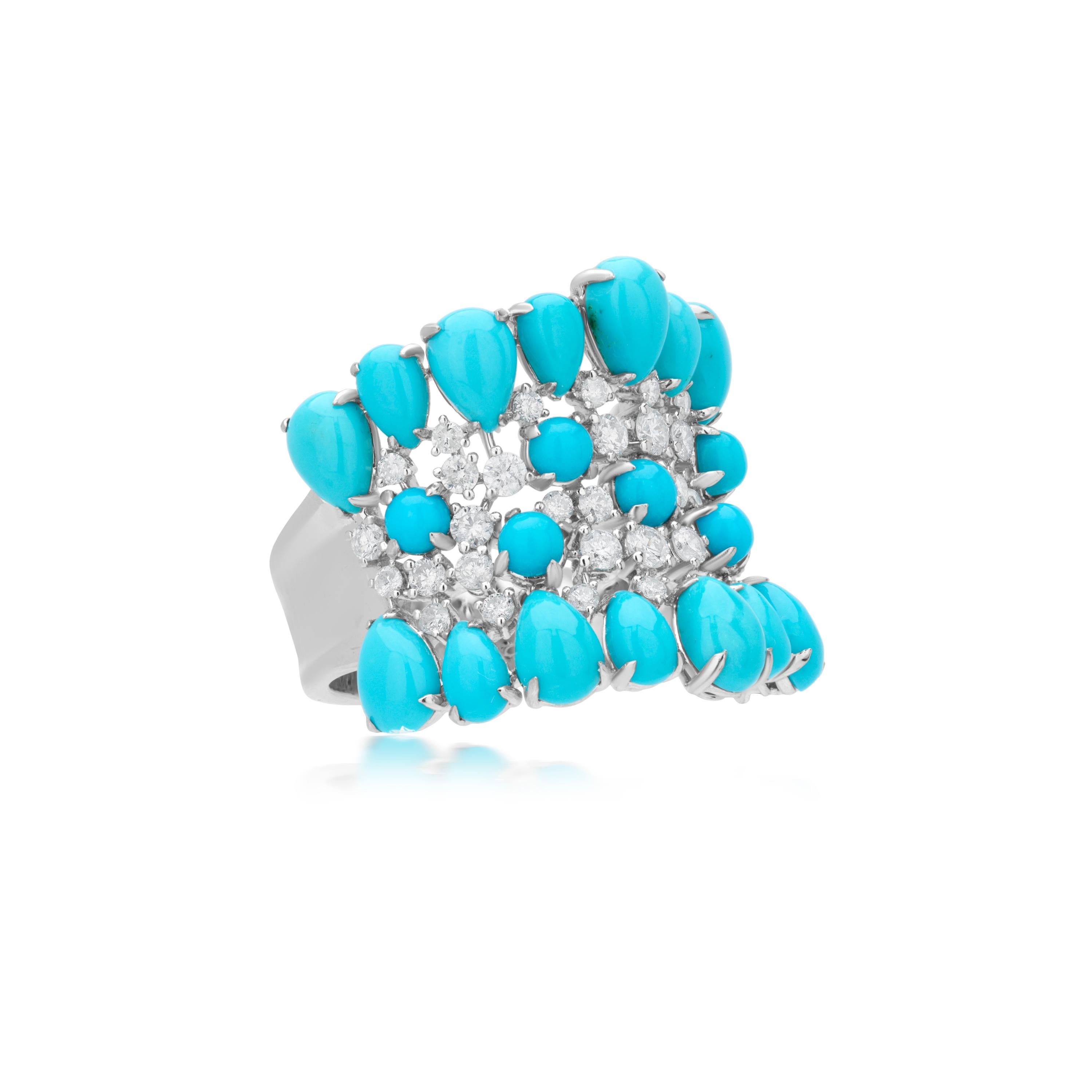 Contemporary Gemistry 7.14cttw. Turquoise and Diamond Cluster Dome Ring in 18k White Gold
