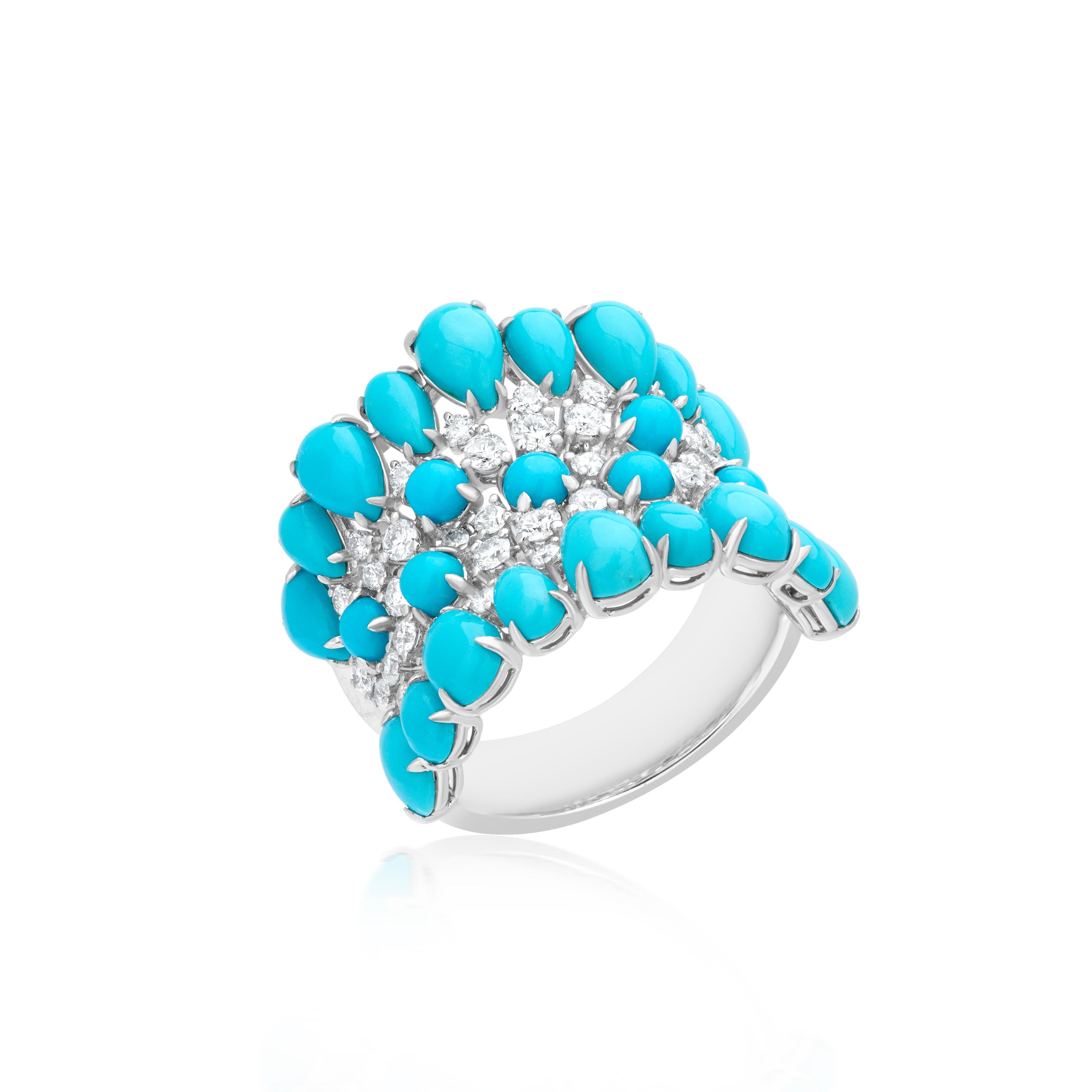Pear Cut Gemistry 7.14cttw. Turquoise and Diamond Cluster Dome Ring in 18k White Gold