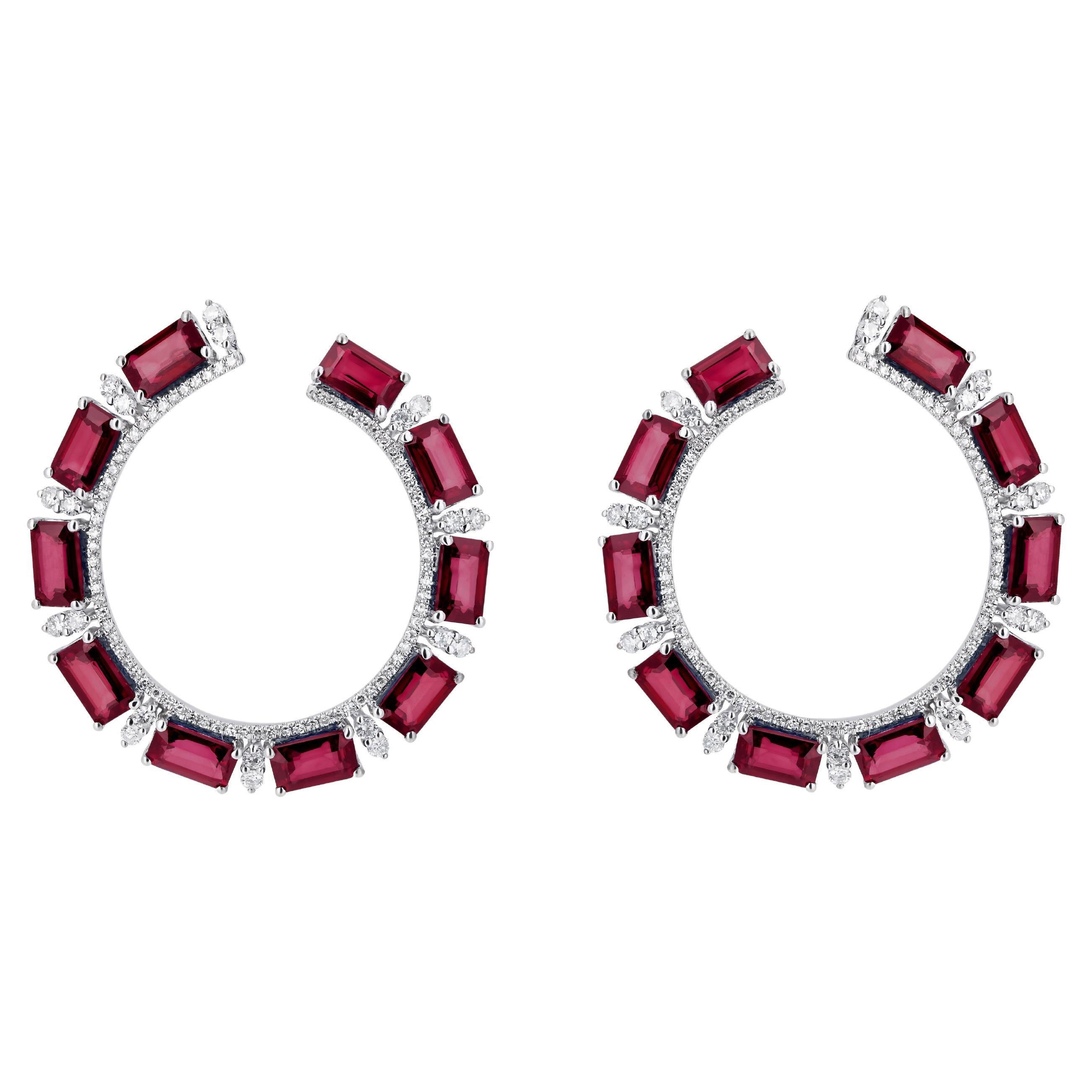 Gemistry 7.15cttw. Octagon Ruby and Diamond Hoop Earrings in 18k White Gold For Sale