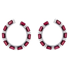 Gemistry 7.15cttw. Octagon Ruby and Diamond Hoop Earrings in 18k White Gold