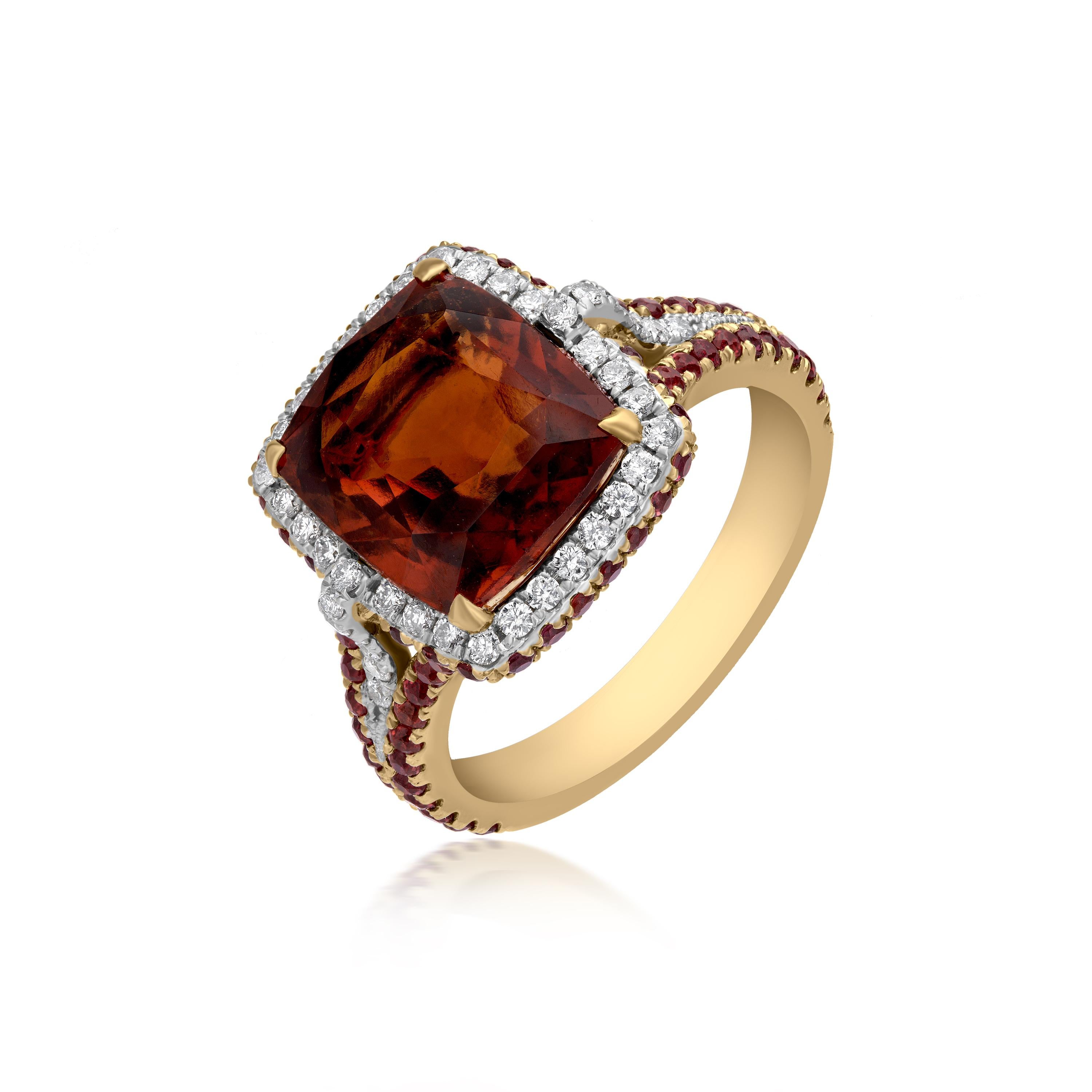 One cushion-shaped brownish-red Hessonite Garnet is enhanced by 42 round brilliant-cut White Diamonds set in a micro pave setting and 70 round-cut Orange Sapphire gemstones put in prong settings, which adds to the gemstone's amazing flair. The 0.33