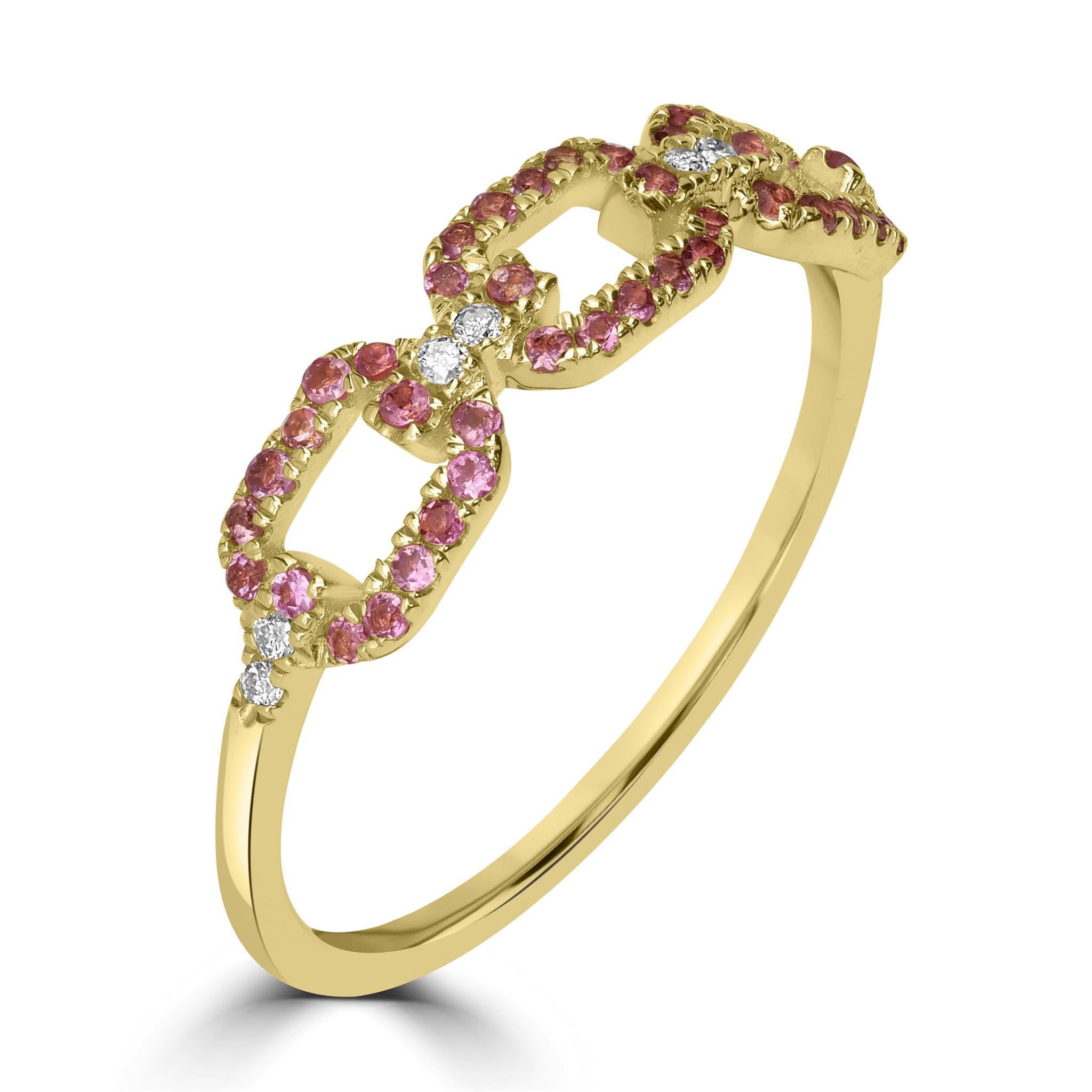 Introducing the Gemistry Alice Pave Square Link Gemstone, a stunning addition to your jewelry collection. Hand crafted with 14kt gold, this pave set ring features genuine Pink Tourmaline gemstones complemented by white topaz perfect for those born