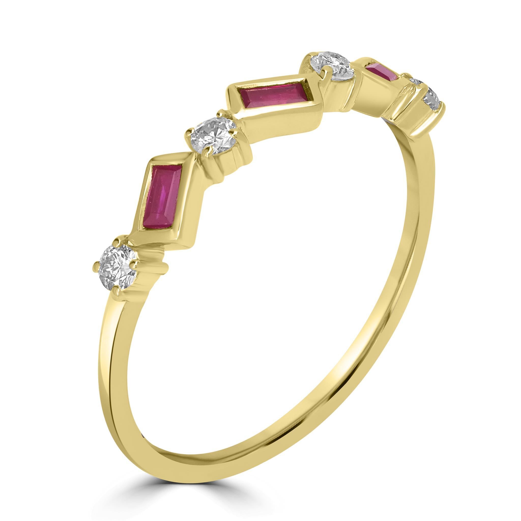 Introducing the Gemistry Brooke 7-Stone Slanted Baguette and Round Shape Gemstone Ring, a stunning addition to your jewelry collection. Hand crafted with 14kt gold , this prong-set ring features 3 genuine Ruby gemstones paired with 4 round White