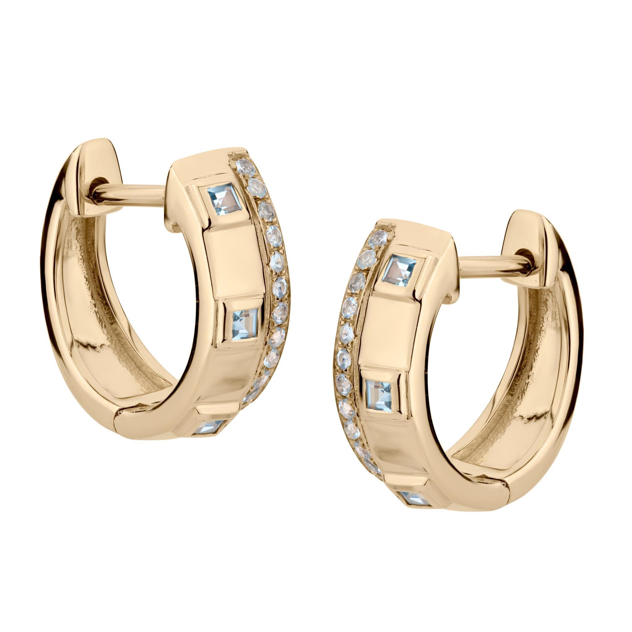 Taille carrée Gemistry Classic Boucles d'oreilles en or jaune 14K avec topaze bleue suisse en pierres véritables en vente