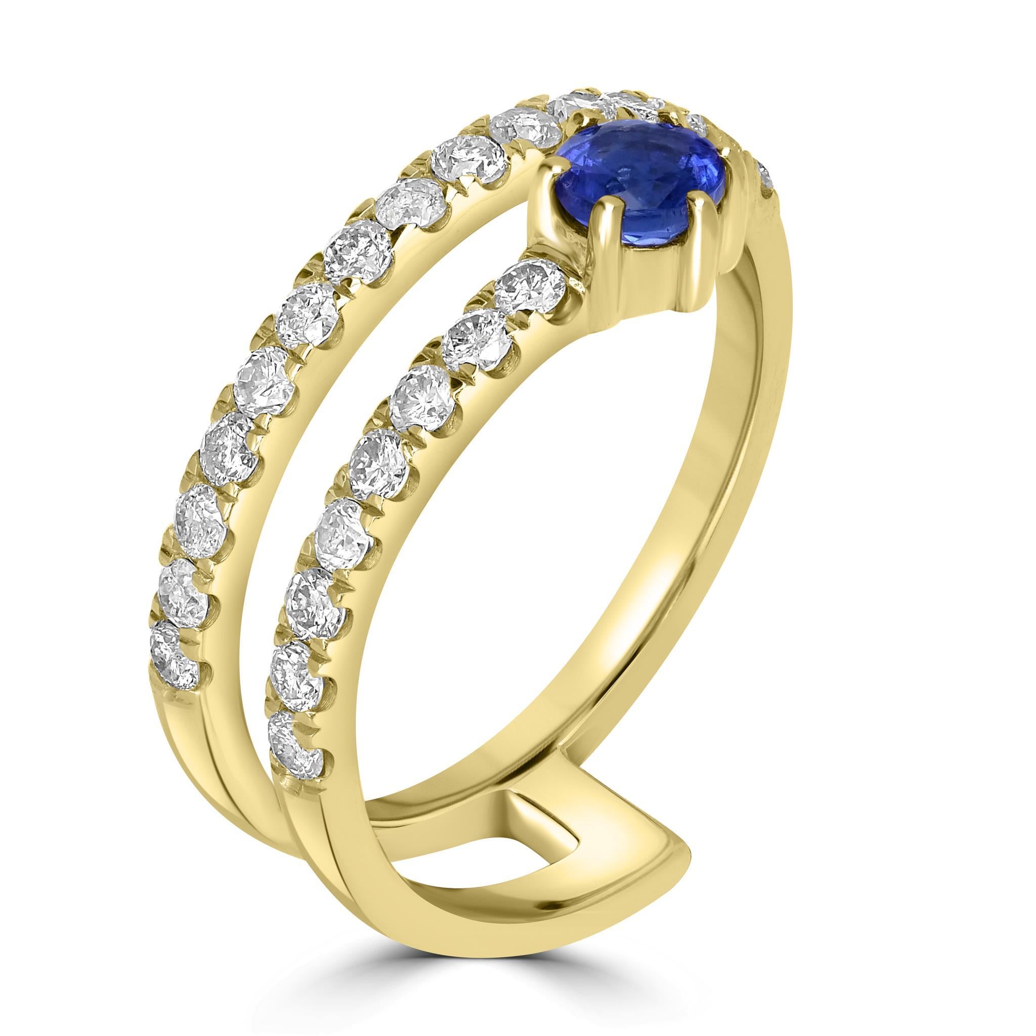 Introducing the Gemistry Haley Round Shape Gemstone Bypass Ring, a stunning addition to your jewelry collection. Hand crafted with 14kt gold,  this prong set ring features 1 genuine Tanzanite gemstone complemented by white topaz pave bands perfect