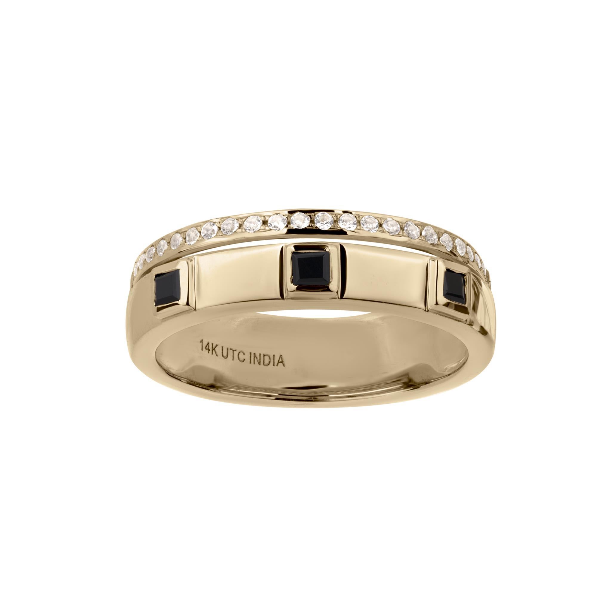 Introducing the Gemistry Lyla Pave and Bezel Double Band Stacked Gemstone Ring, a stunning addition to your jewelry collection. Hand crafted with 14kt gold, this pave and bezel-set ring features genuine Onyx and White Topaz gemstones, perfect for