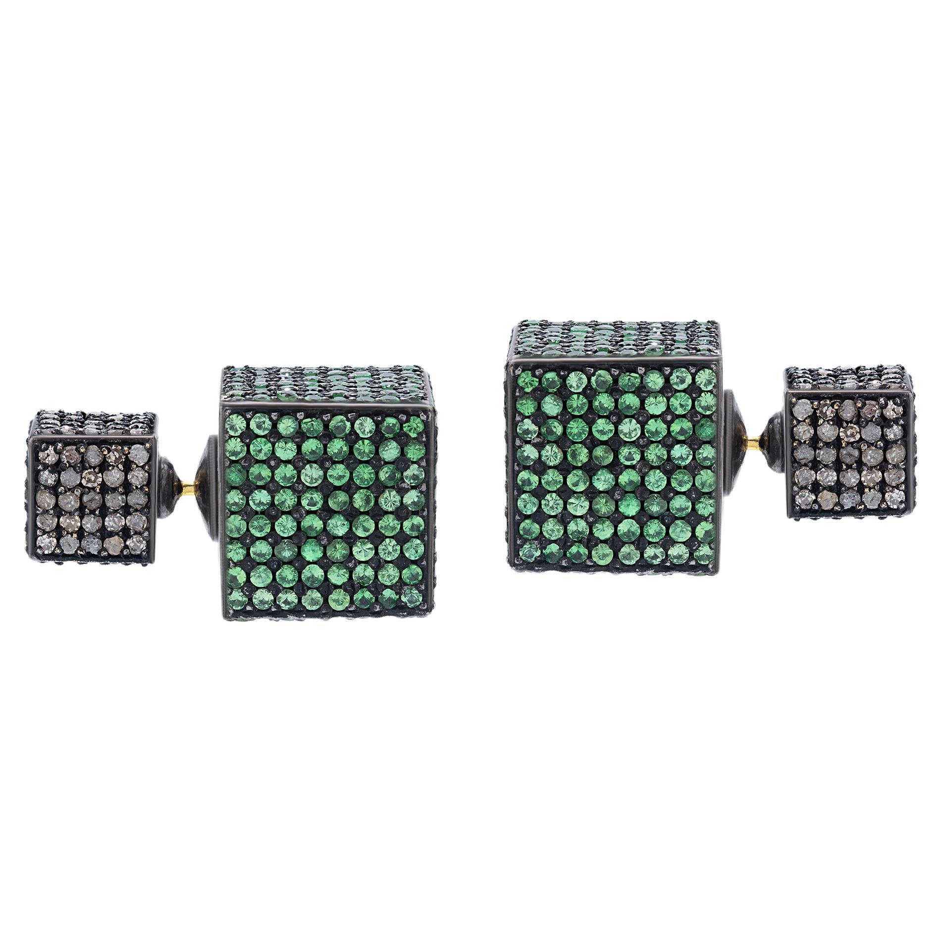 Gemistry Victorian 10.55 Carat T.W. Diamond and Tsavorite Cube Stud Earrings For Sale