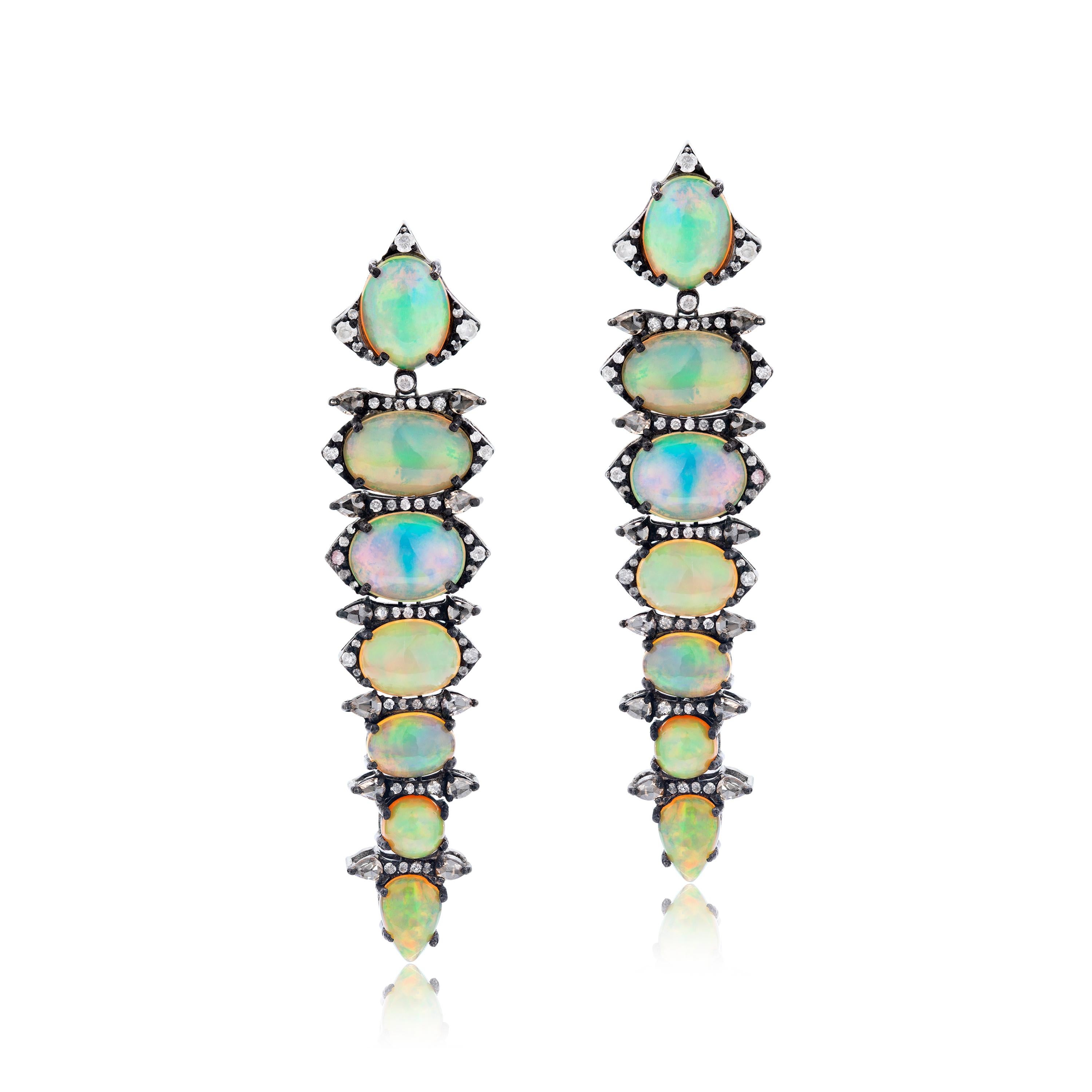 Gemistry Victorian 11.64cttw Diamond and Ethiopian Opal Drop Earrings In New Condition For Sale In New York, NY