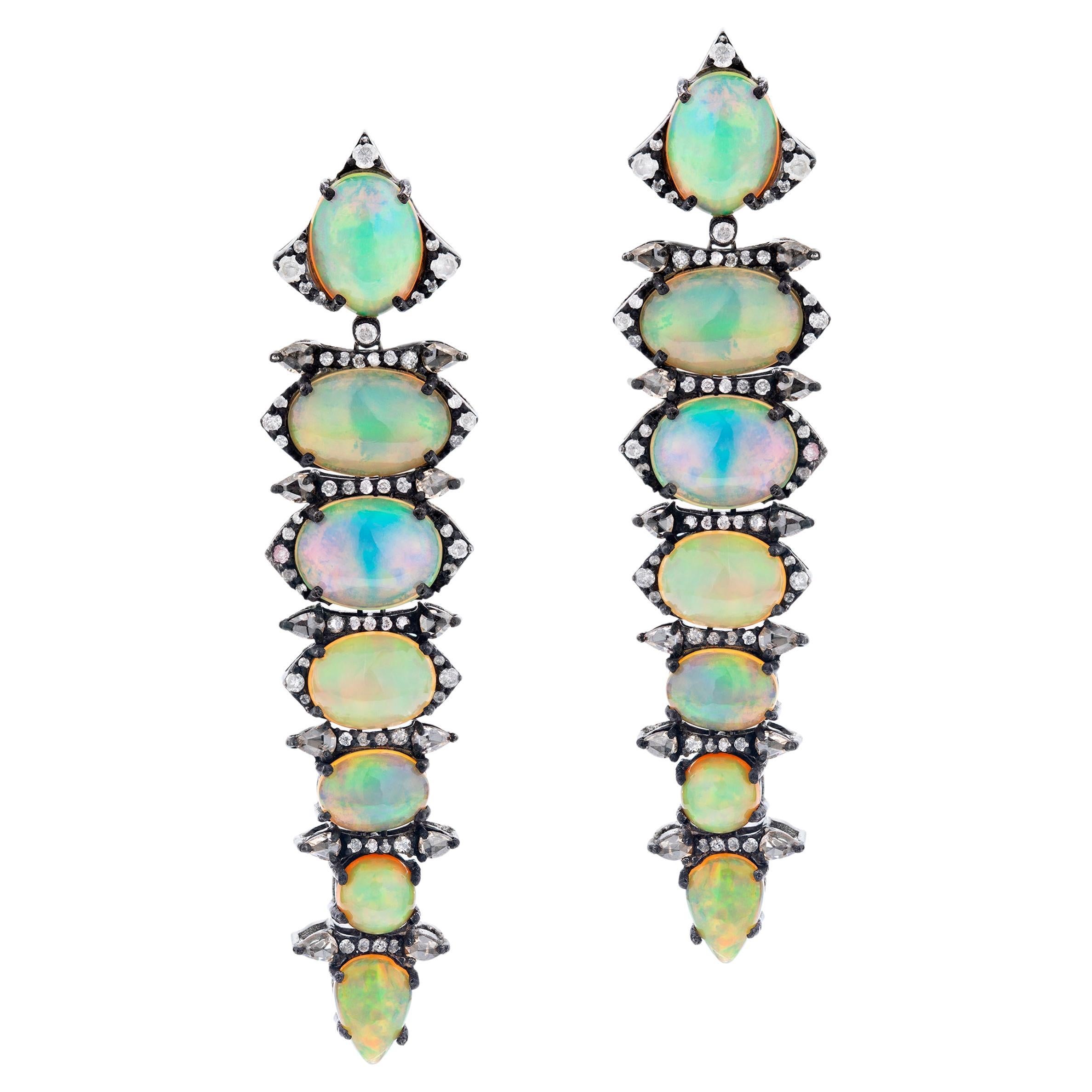 Gemistry Victorian 11.64cttw Diamond and Ethiopian Opal Drop Earrings For Sale