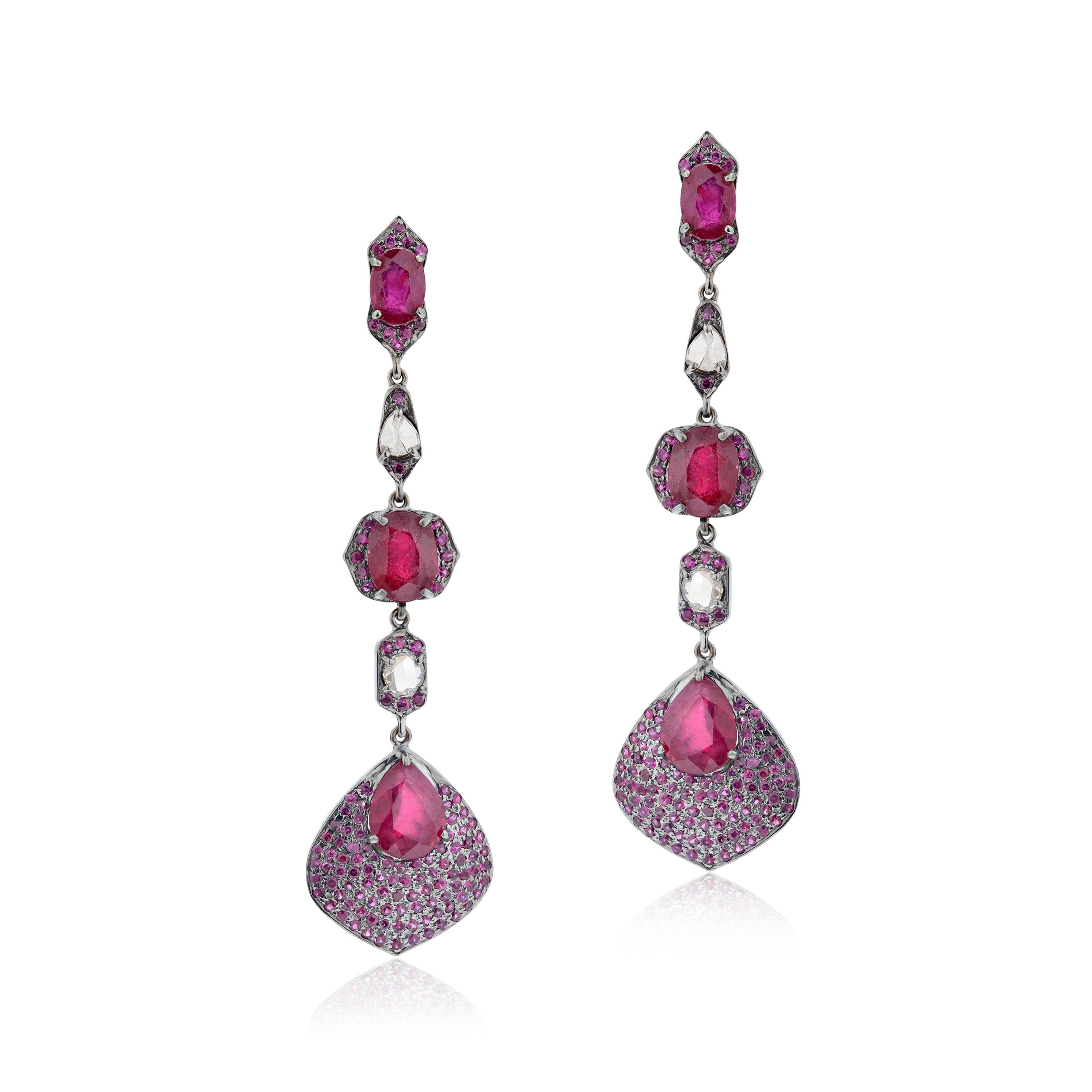 Gemistry Victorian 12.74cttw Ruby and Diamond Drop Earrings In New Condition In New York, NY