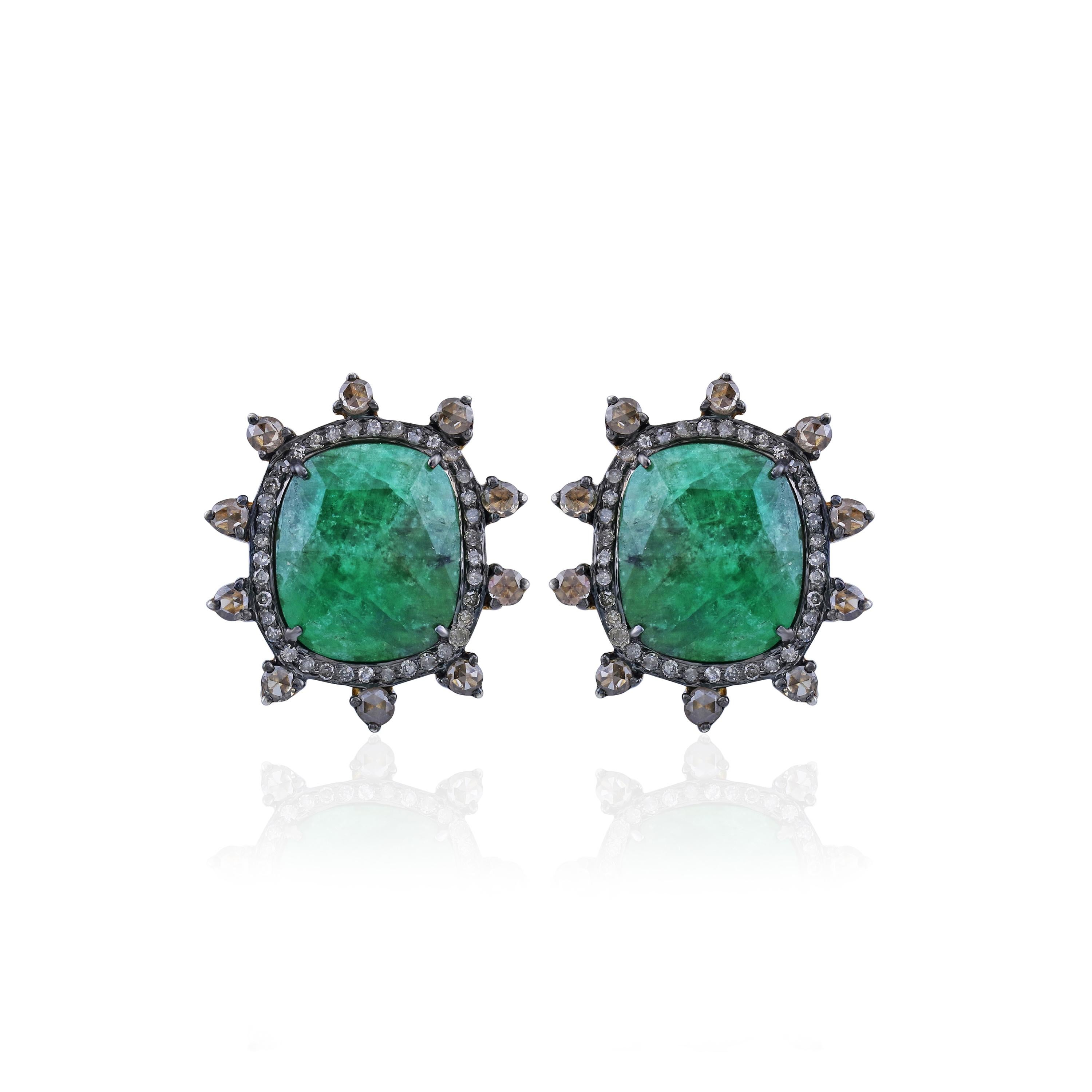 Gemistry Victorian 12.83 Carat T.W. Diamond and Emerald Stud Earrings In New Condition For Sale In New York, NY