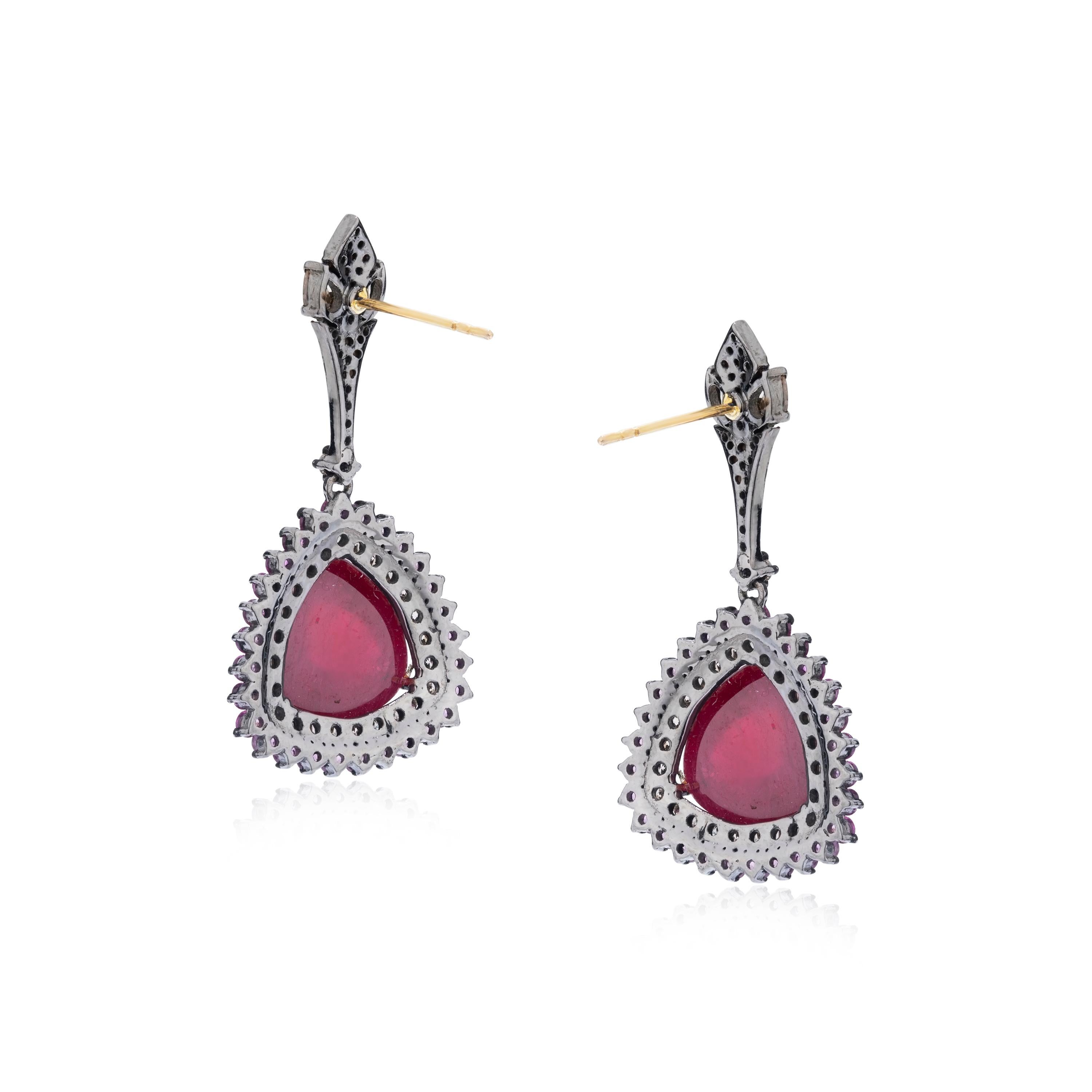 Trillion Cut Gemistry Victorian 21.56ct T.W. Ruby, Pink Sapphire & Diamond Dangle Earrings