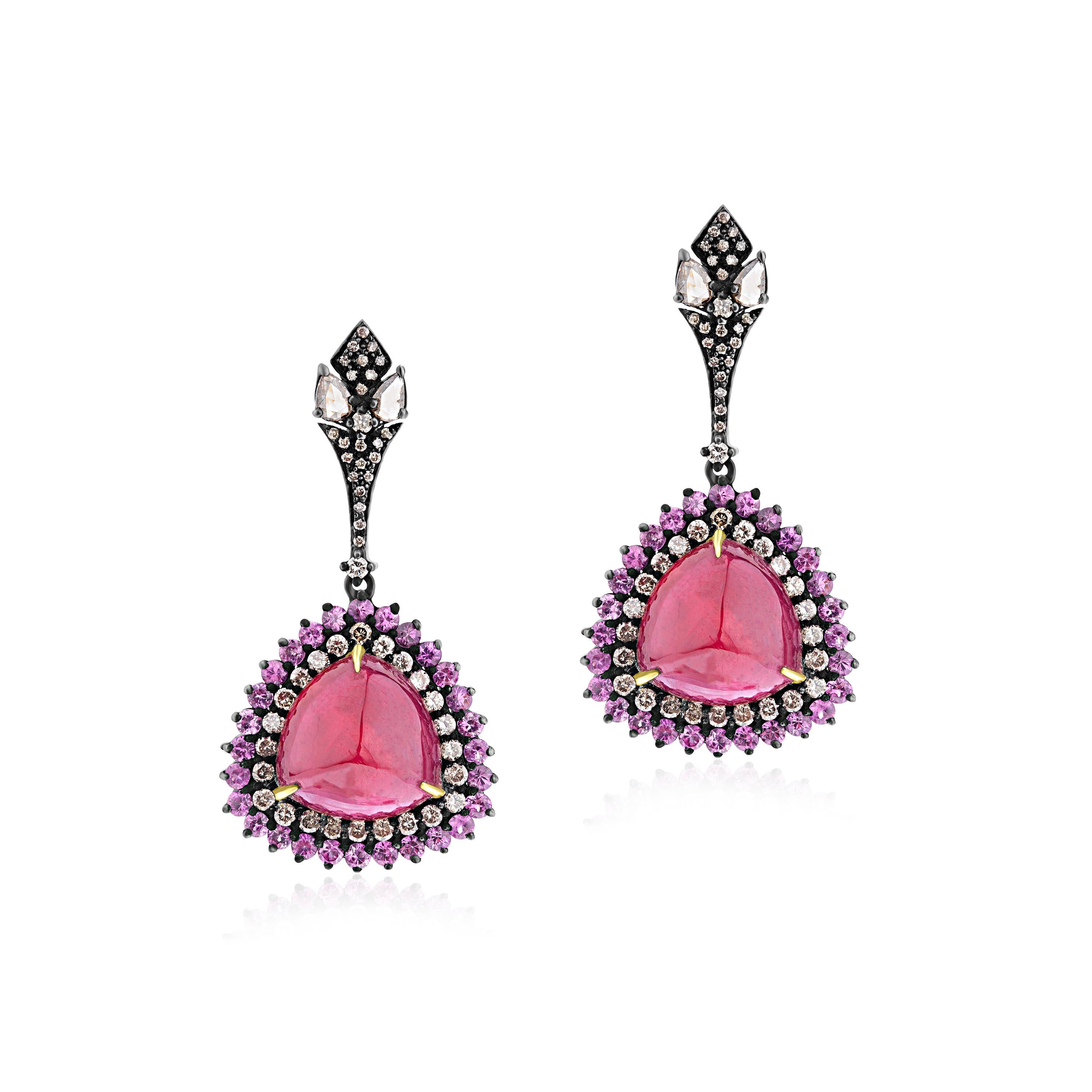 Gemistry Victorian 21.56ct T.W. Ruby, Pink Sapphire & Diamond Dangle Earrings In New Condition In New York, NY
