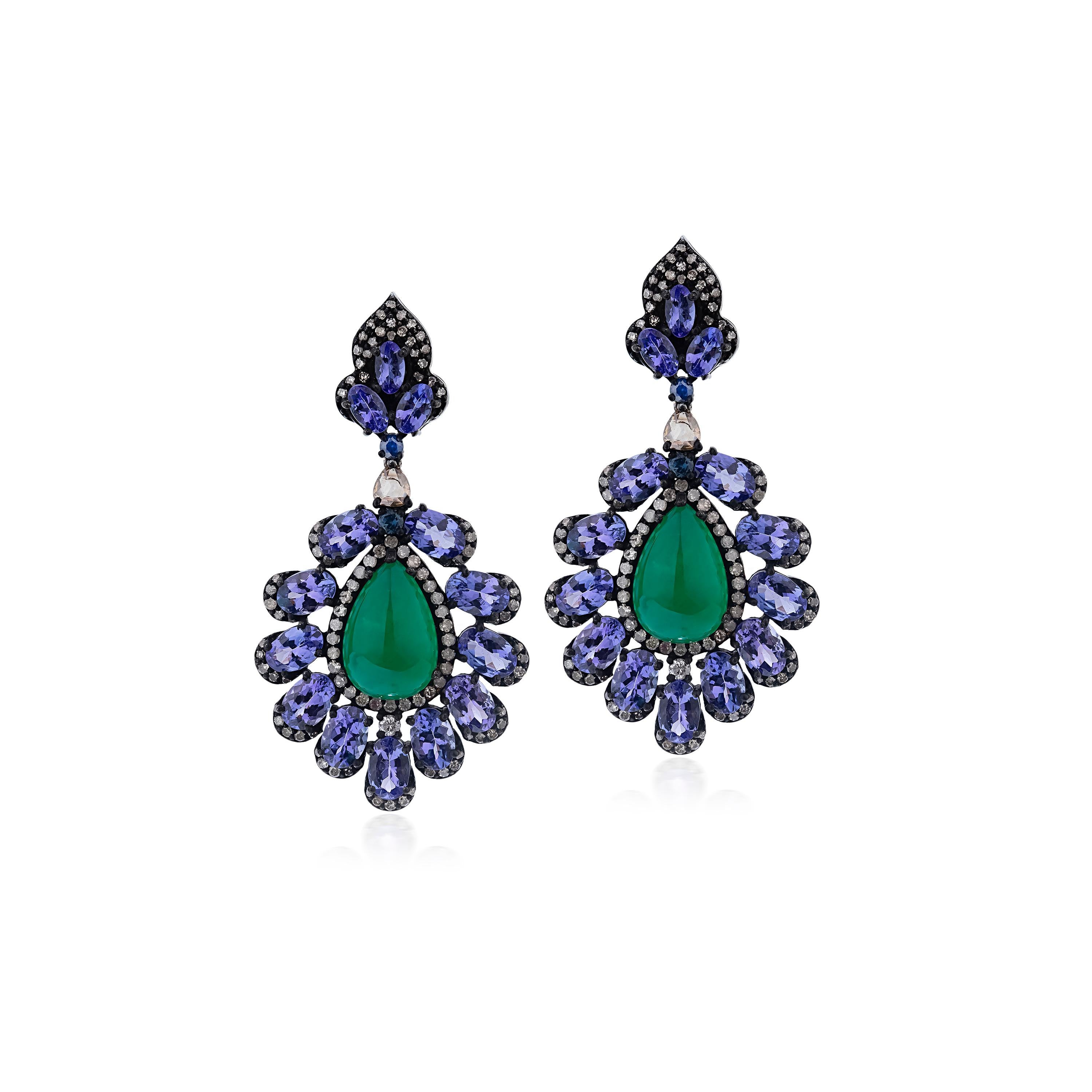 Gemistry Victorian 23.8cttw Tanzanite, Emerald and Diamond Drop Earrings In New Condition For Sale In New York, NY