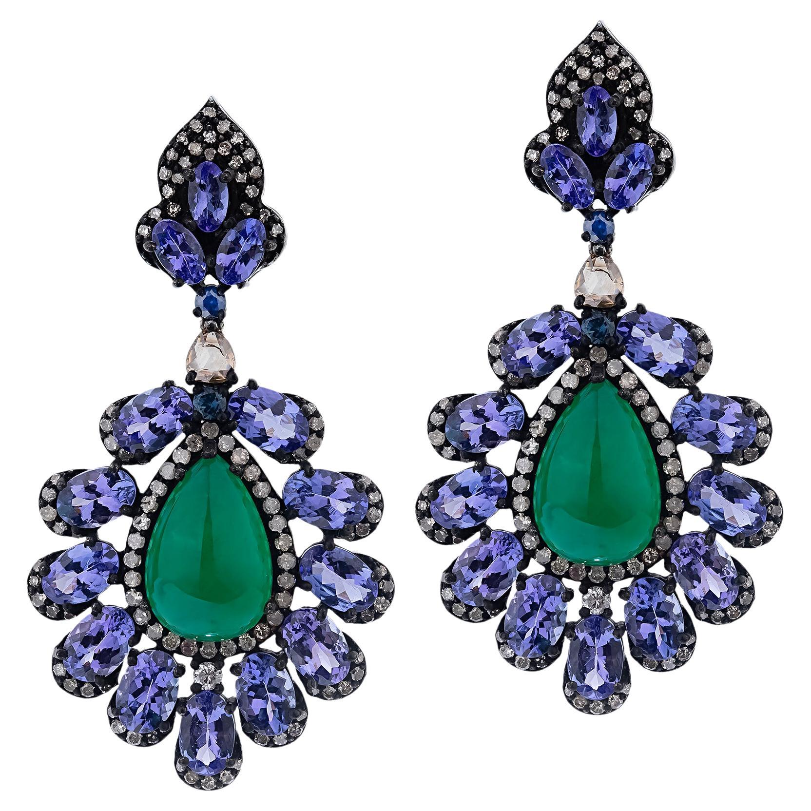 Gemistry Victorian 23.8cttw Tanzanite, Emerald and Diamond Drop Earrings For Sale