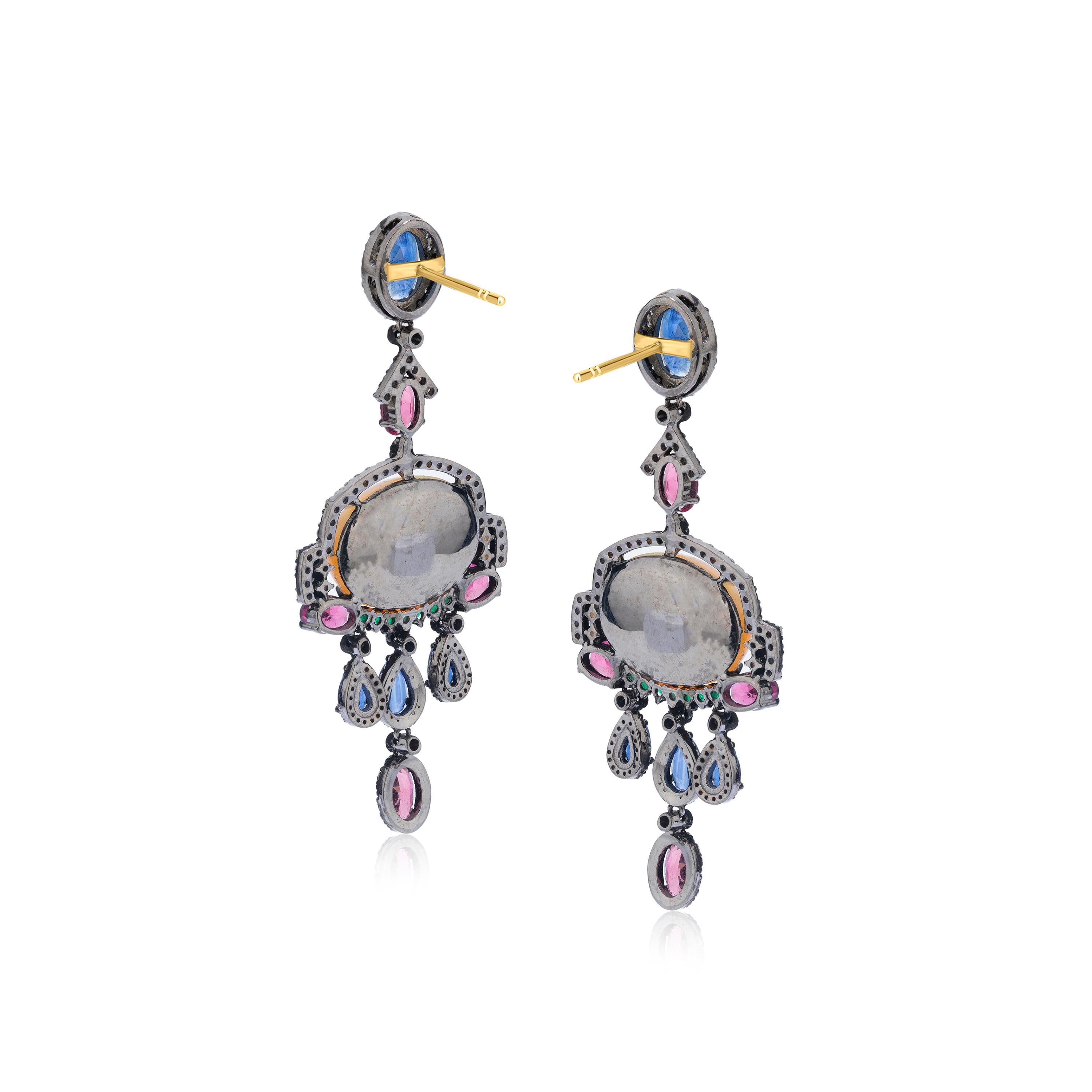 Oval Cut Gemistry, Victorian 25.93ct T.W. Diamond and Multi-Gemstones Dangle Earrings For Sale