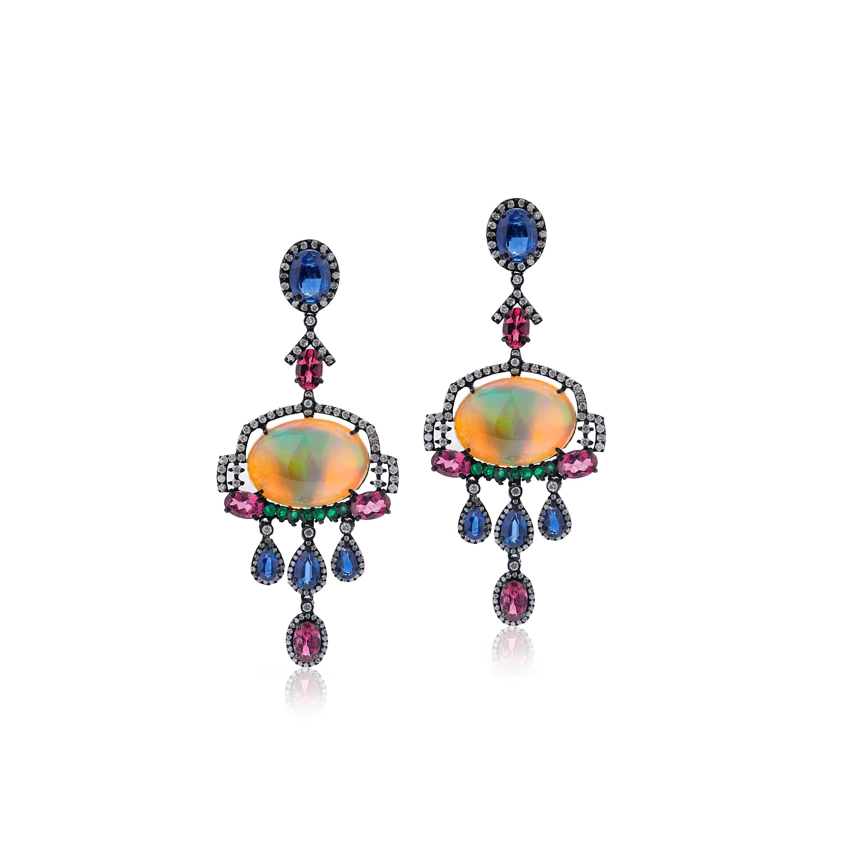 Gemistry, Victorian 25.93ct T.W. Diamond and Multi-Gemstones Dangle Earrings In New Condition For Sale In New York, NY