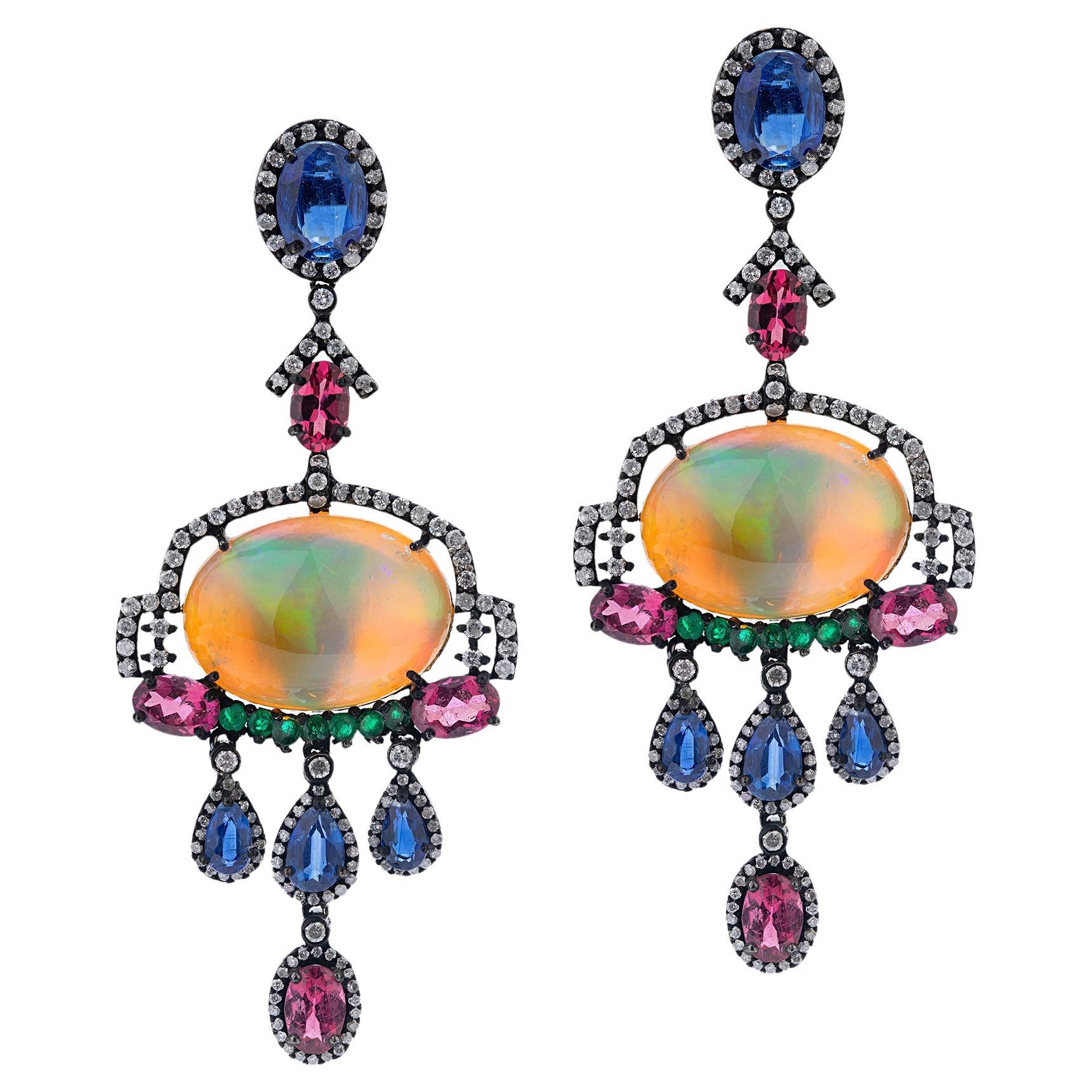Gemistry, Victorian 25.93ct T.W. Diamond and Multi-Gemstones Dangle Earrings For Sale
