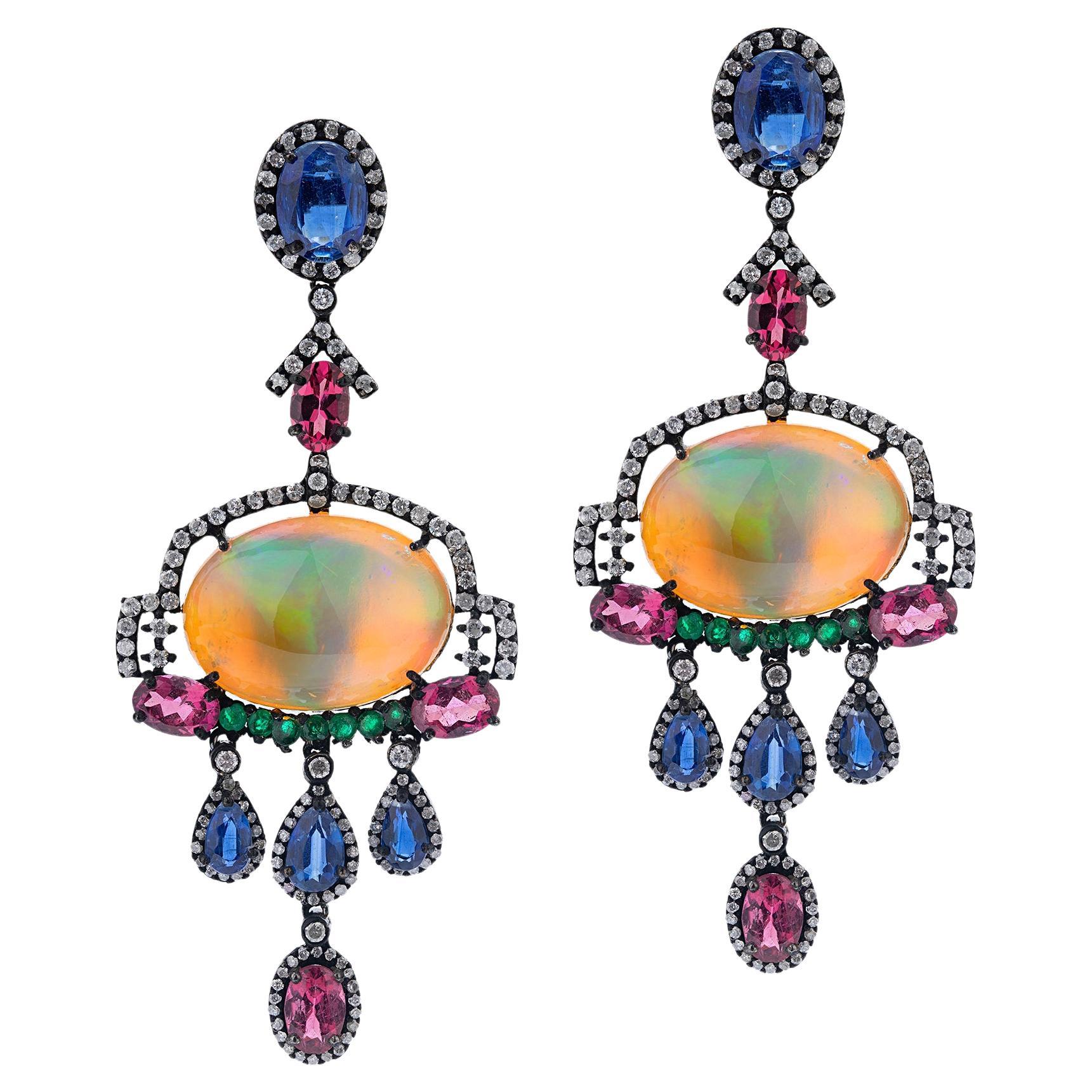 Gemistry, Victorian 25.93ct T.W. Diamond and Multi-Gemstones Dangle Earrings