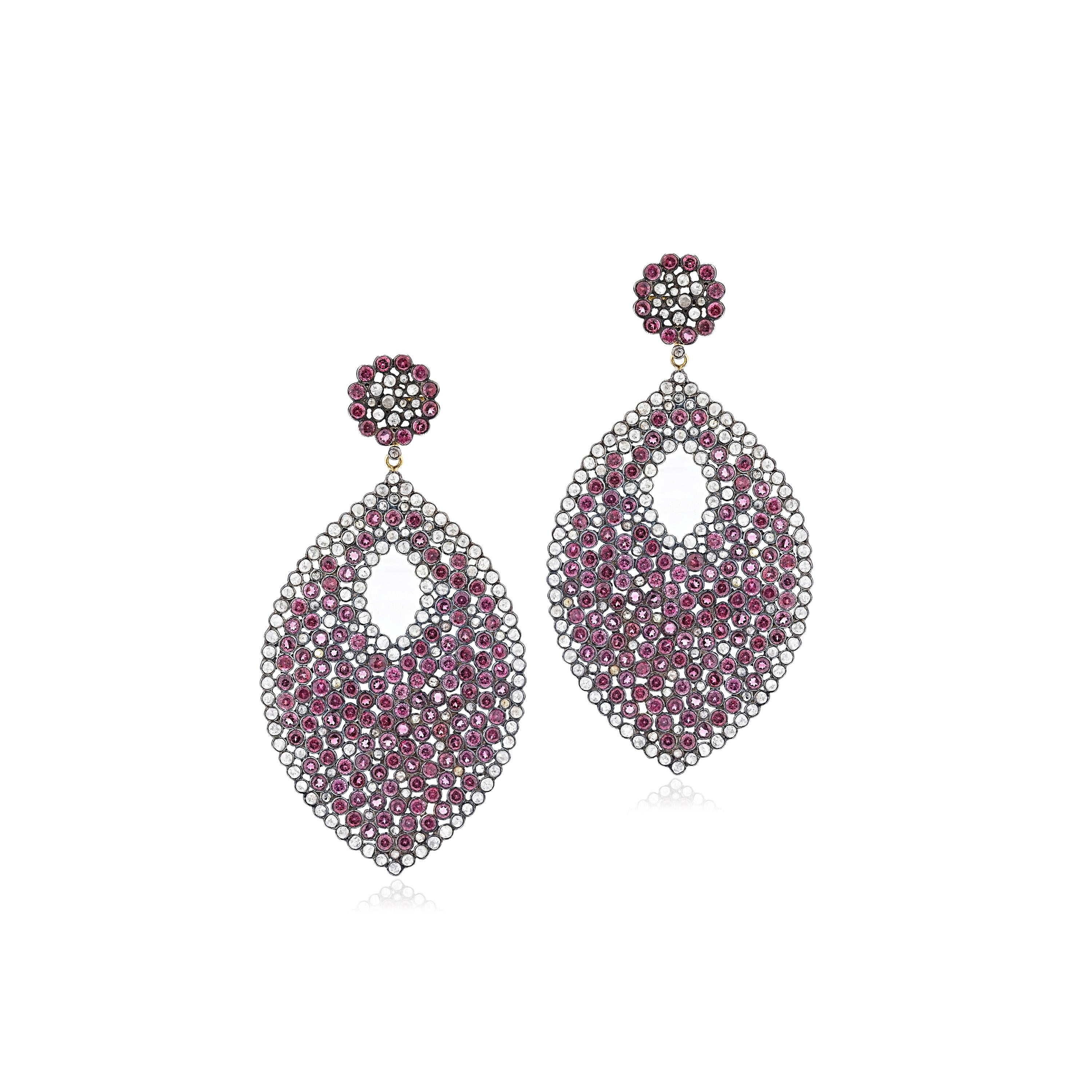 Gemistry, Victorian 35.58 Carat T.W. Diamond and Pink Tourmaline Drop Earrings In New Condition For Sale In New York, NY