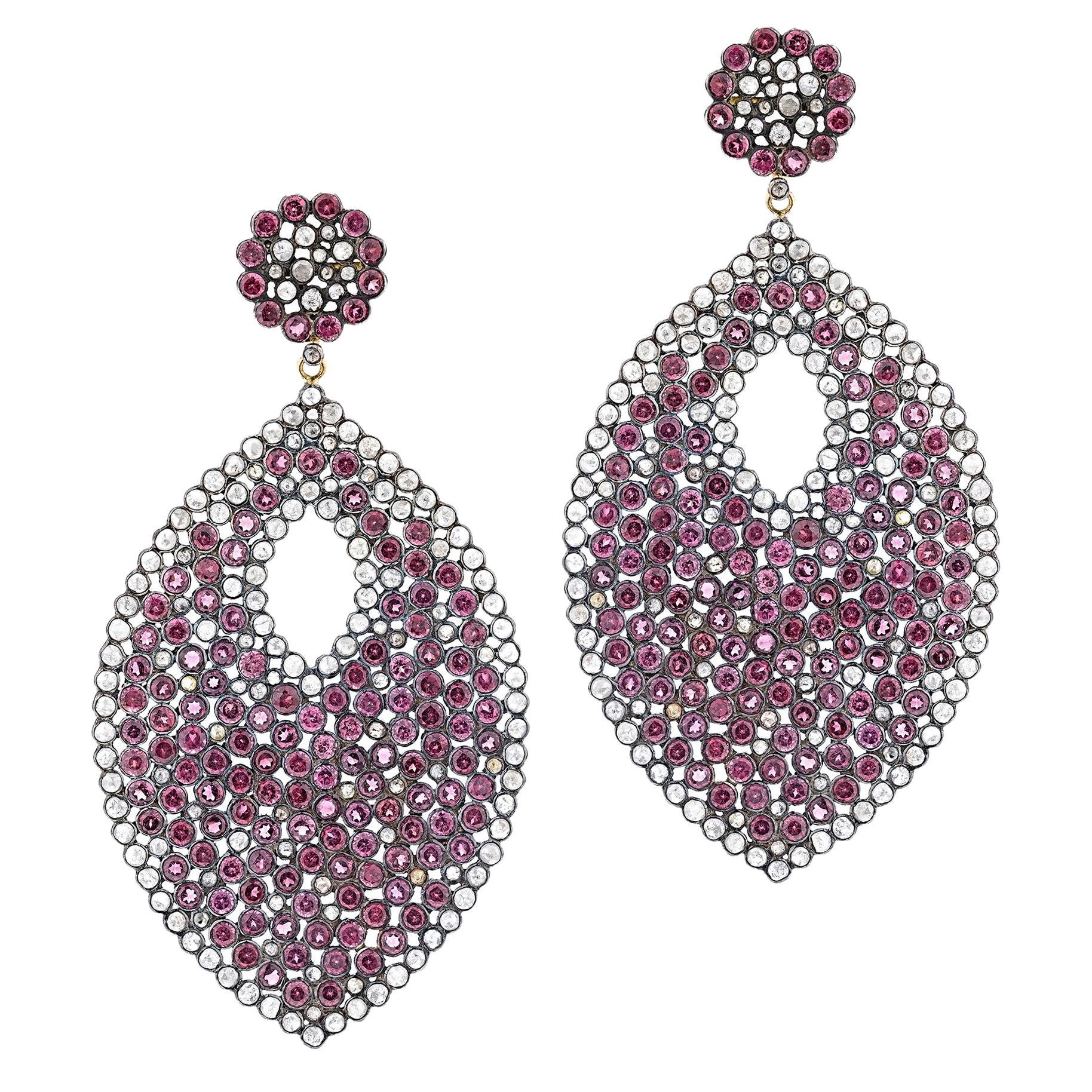 Gemistry, Victorian 35.58 Carat T.W. Diamond and Pink Tourmaline Drop Earrings For Sale