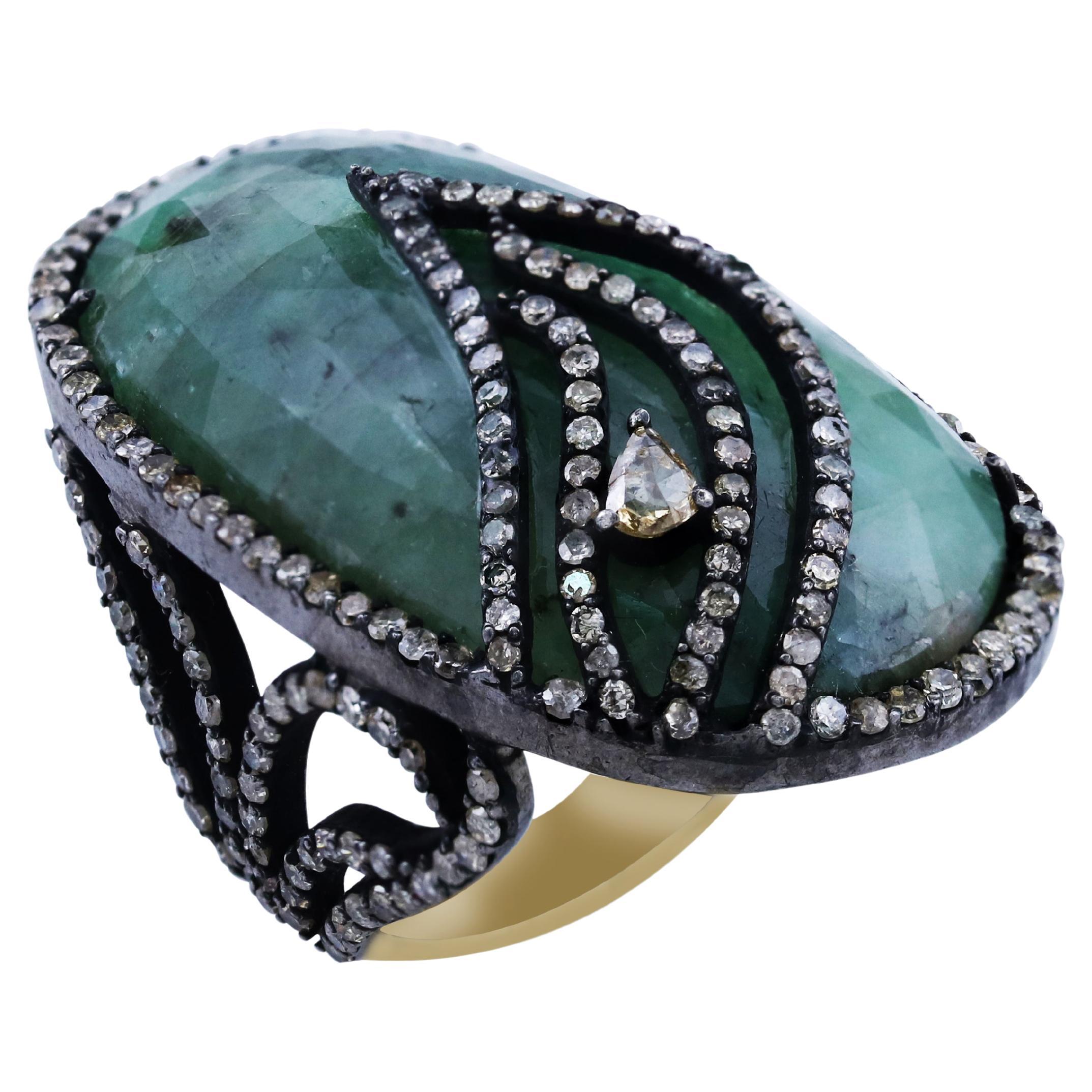 Gemistry Victorian 51.11cttw Diamond and Emerald Open Work Ring For Sale