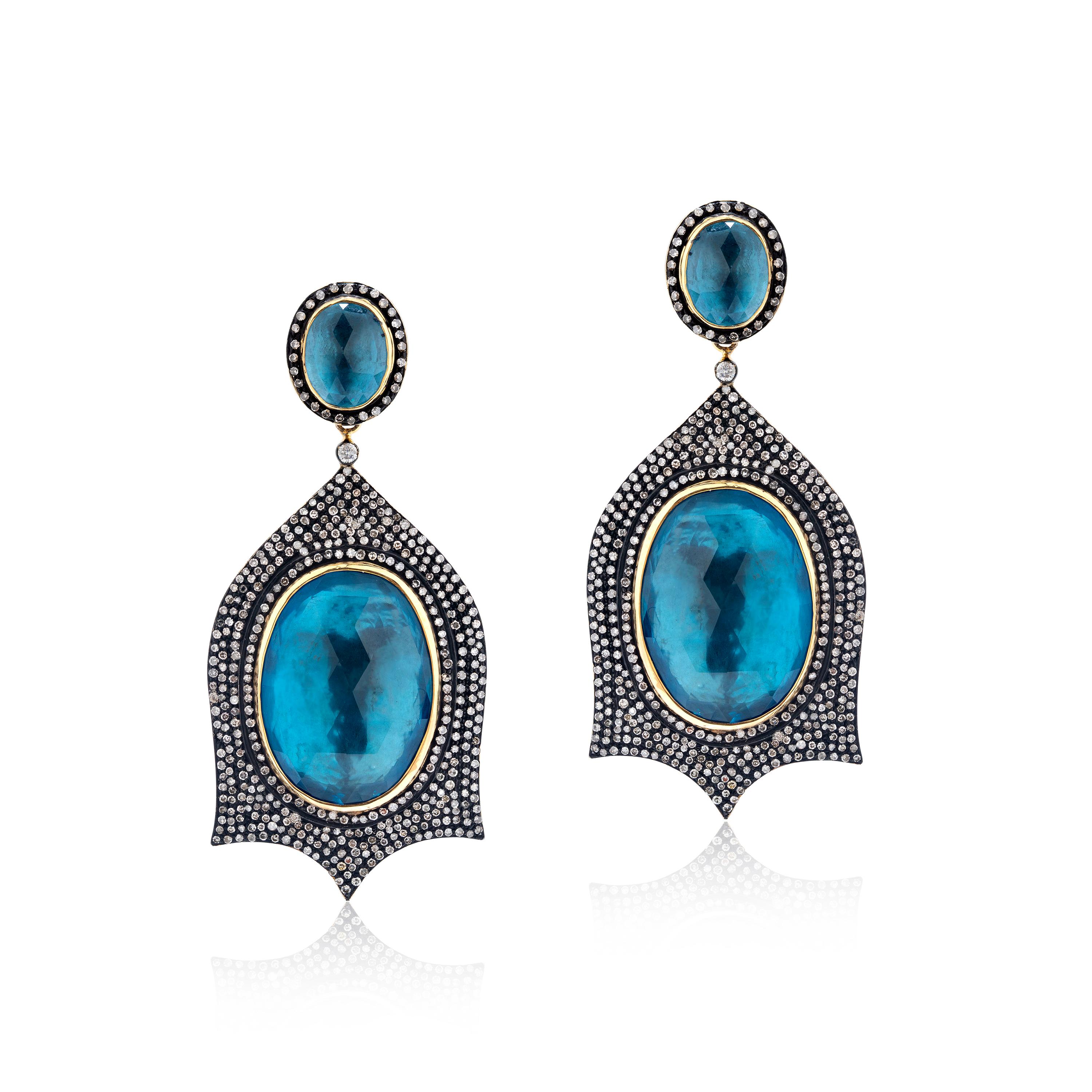 Gemistry, Victorian 56.4ct T.W. Diamond and London Blue Topaz Dangle Earrings In New Condition For Sale In New York, NY