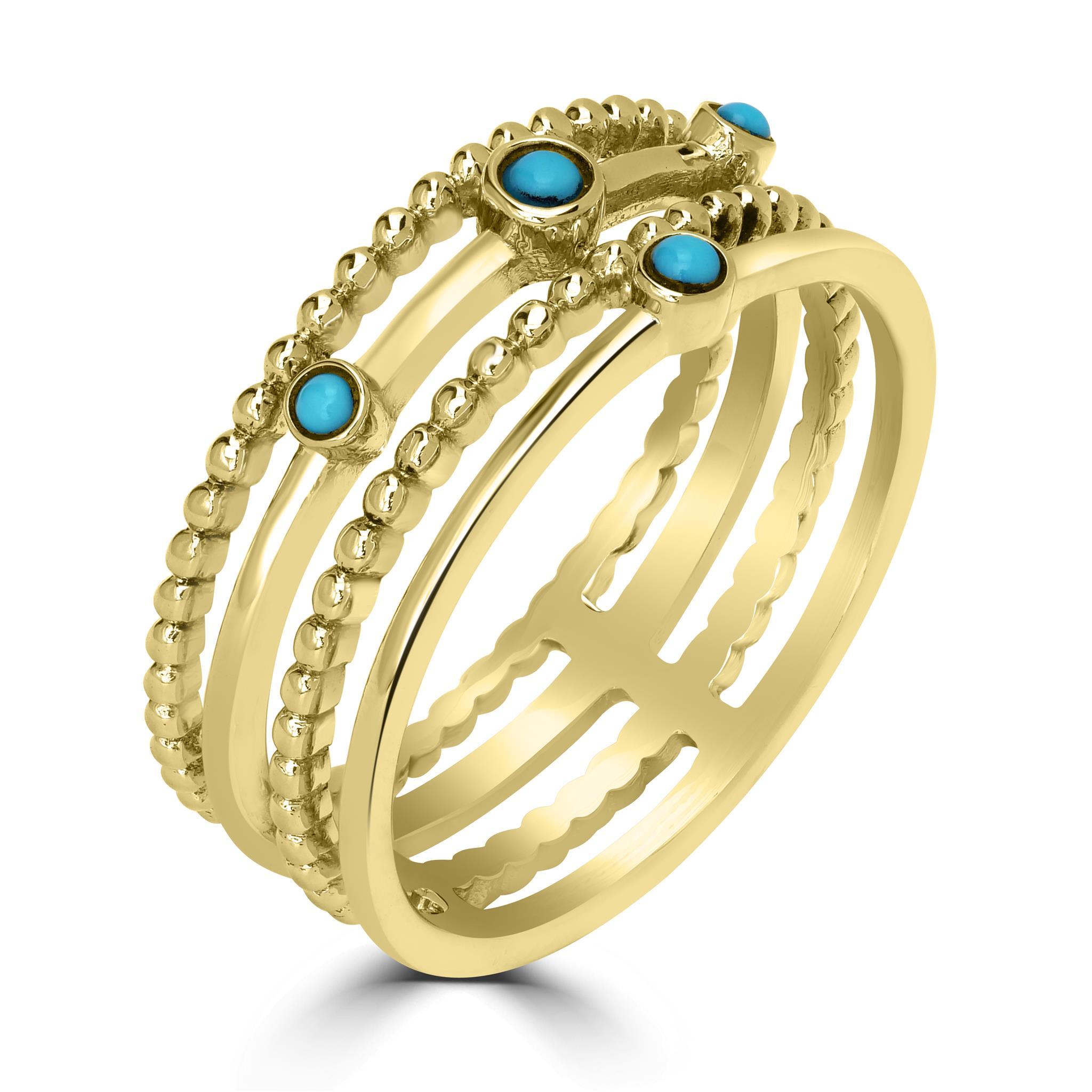 Ti presentiamo il Gemistry Waverly 4 Row Round Shape Gemstone Ring, un'aggiunta straordinaria alla tua collezione di gioielli. Realizzato a mano in oro 14kt, questo anello con castone presenta 4 gemme turchesi autentiche completate da microperline,