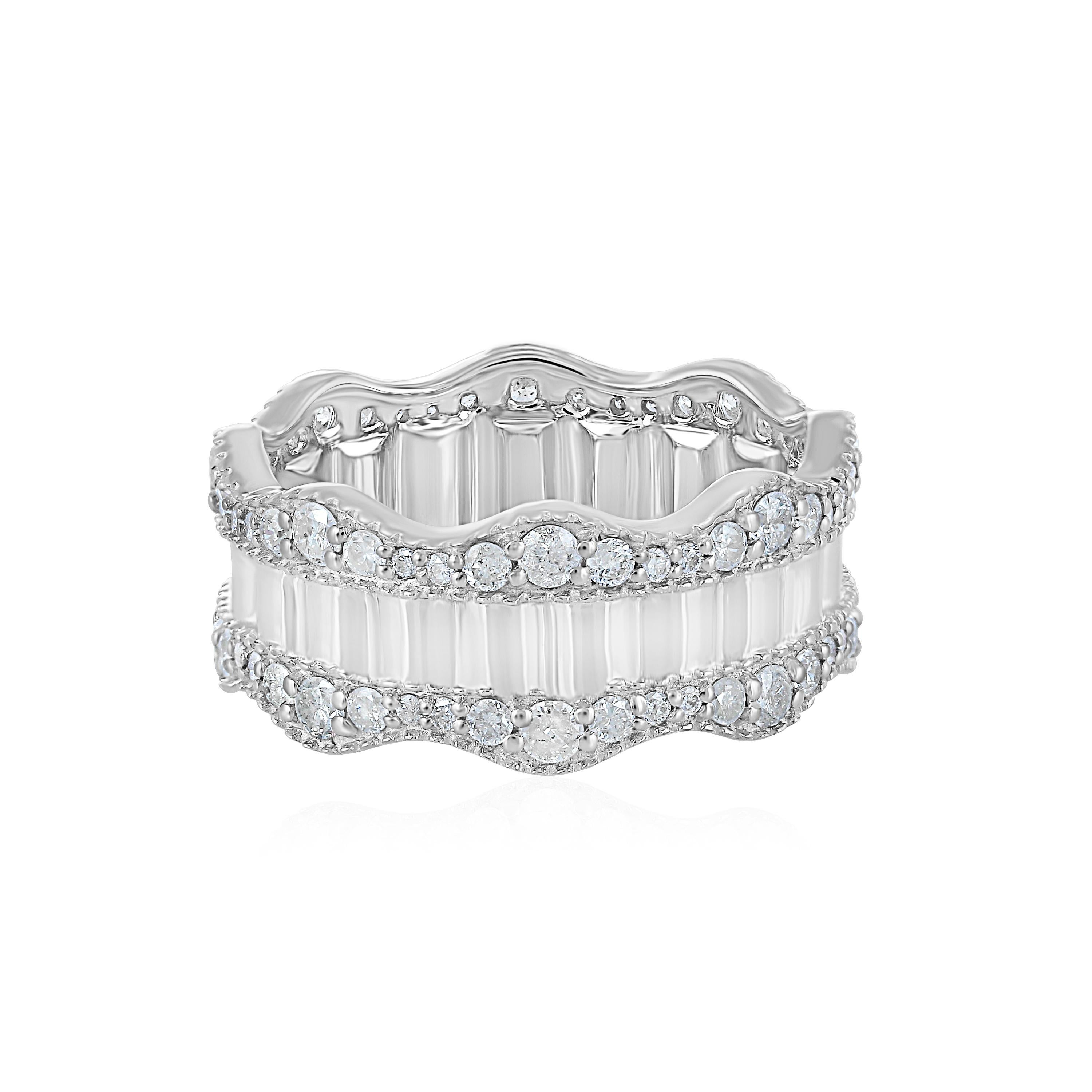 Make a glamours entry in this diamond eternity band ring by Gemistry. The band features an impressive 1.22 ct. t.w. round, brilliant cut diamonds that are prong set on 925 sterling silver band. The baguette shaped impression on the silver at the