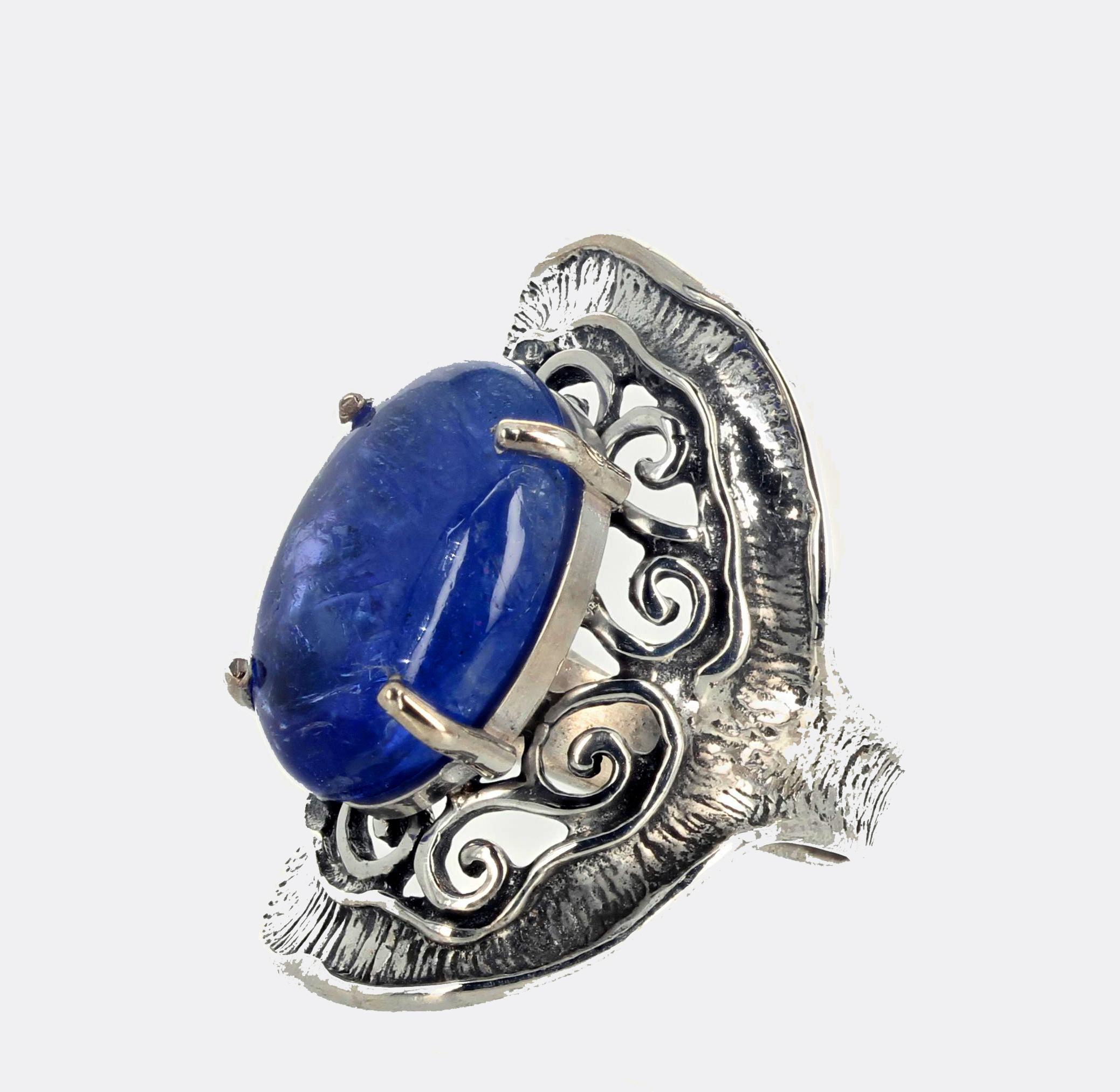 AJD 13.35 Ct. HUGE Natural Real Cabochon Tanzanite Sterling Silver Ring In New Condition For Sale In Raleigh, NC