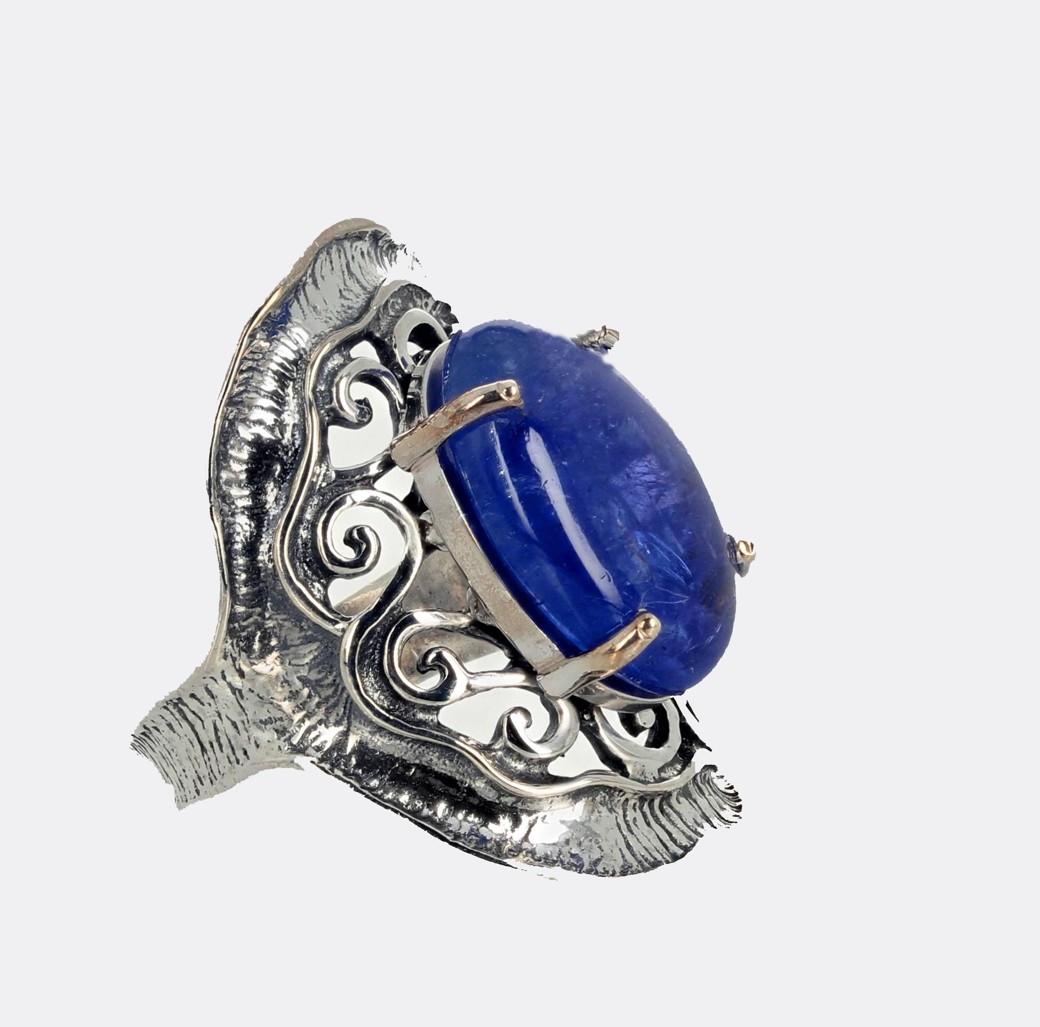 Women's or Men's AJD 13.35 Ct. HUGE Natural Real Cabochon Tanzanite Sterling Silver Ring For Sale