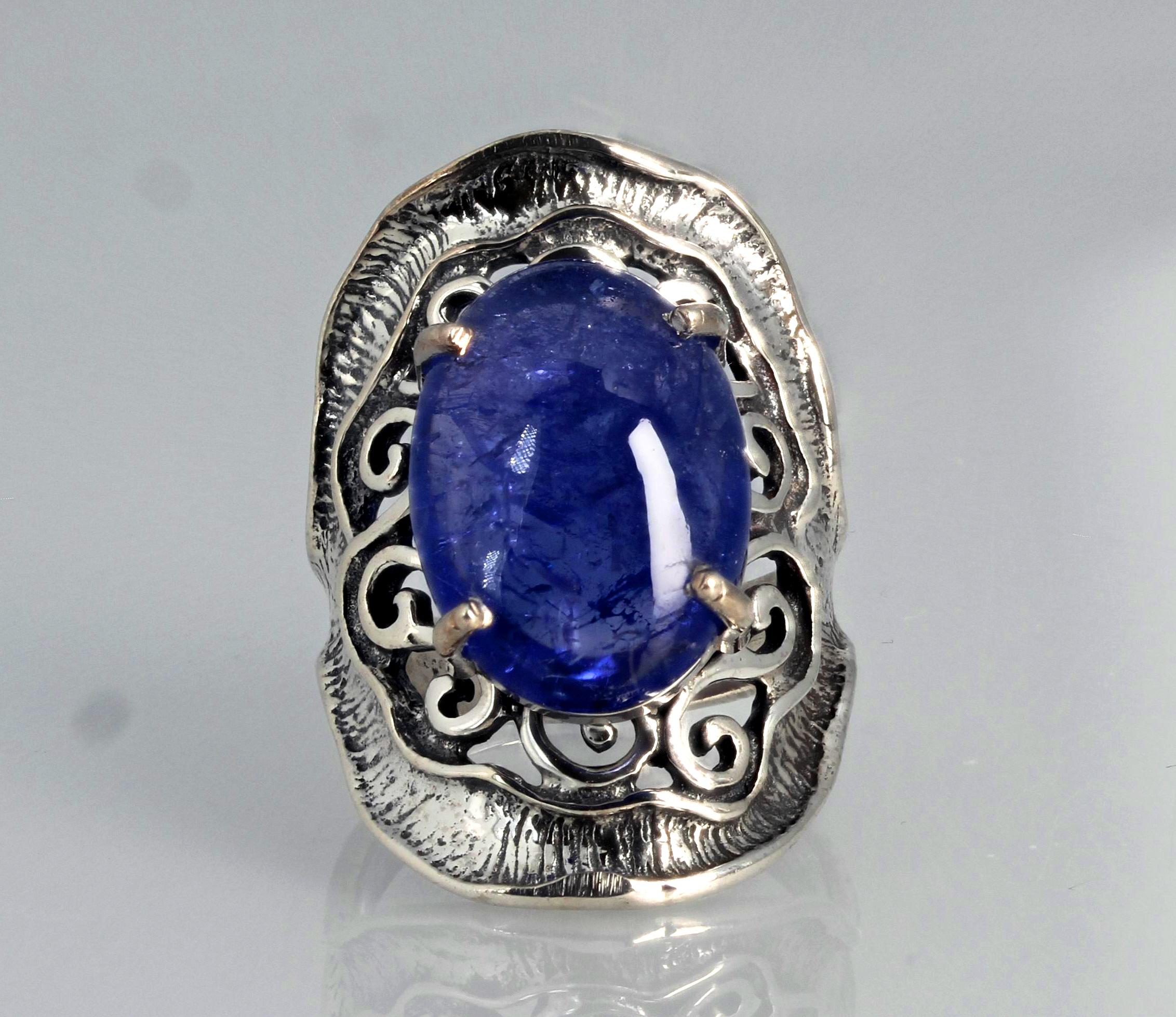AJD 13.35 Ct. HUGE Natural Real Cabochon Tanzanite Sterling Silver Ring For Sale 2