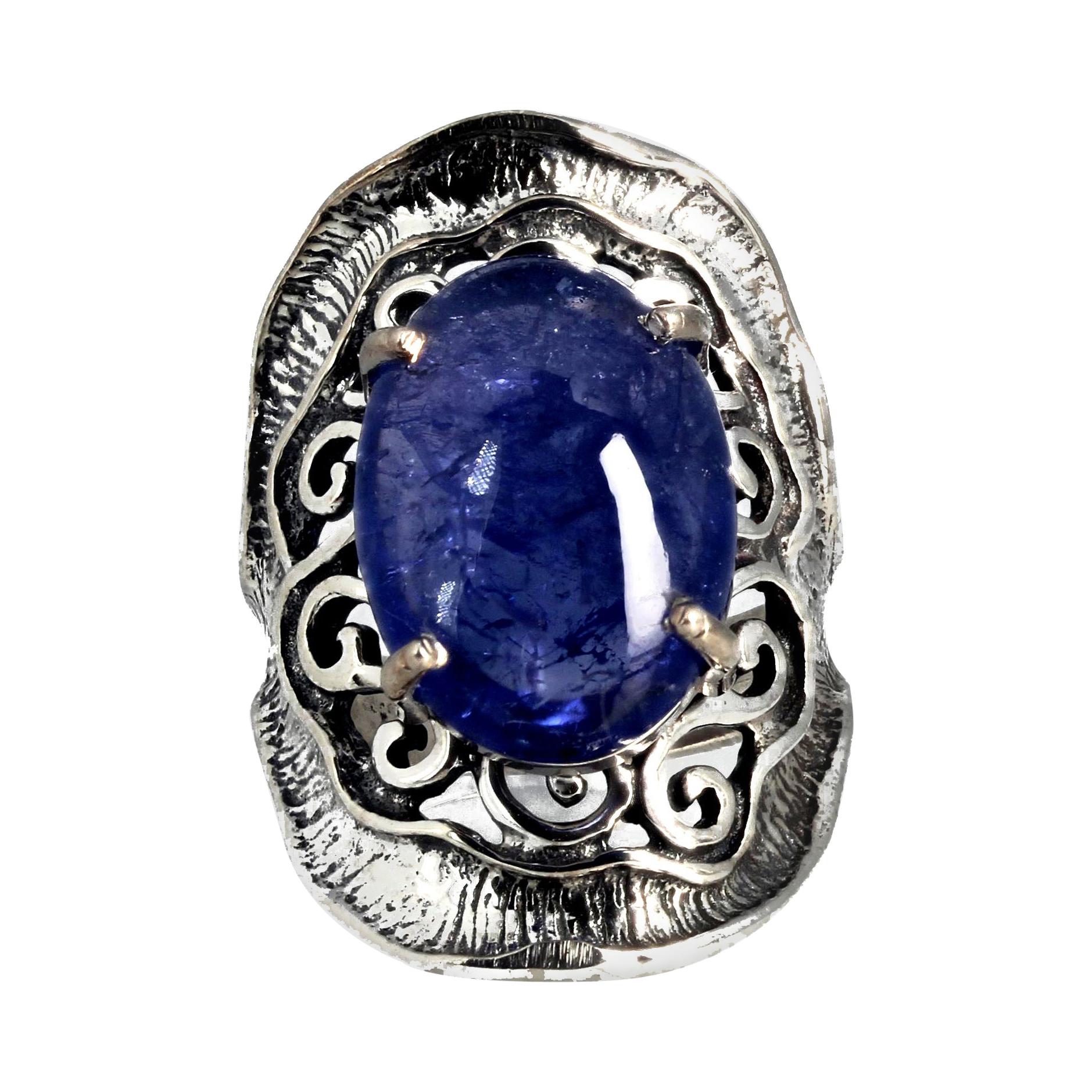 AJD 13.35 Ct. HUGE Natural Real Cabochon Tanzanite Sterling Silver Ring For Sale