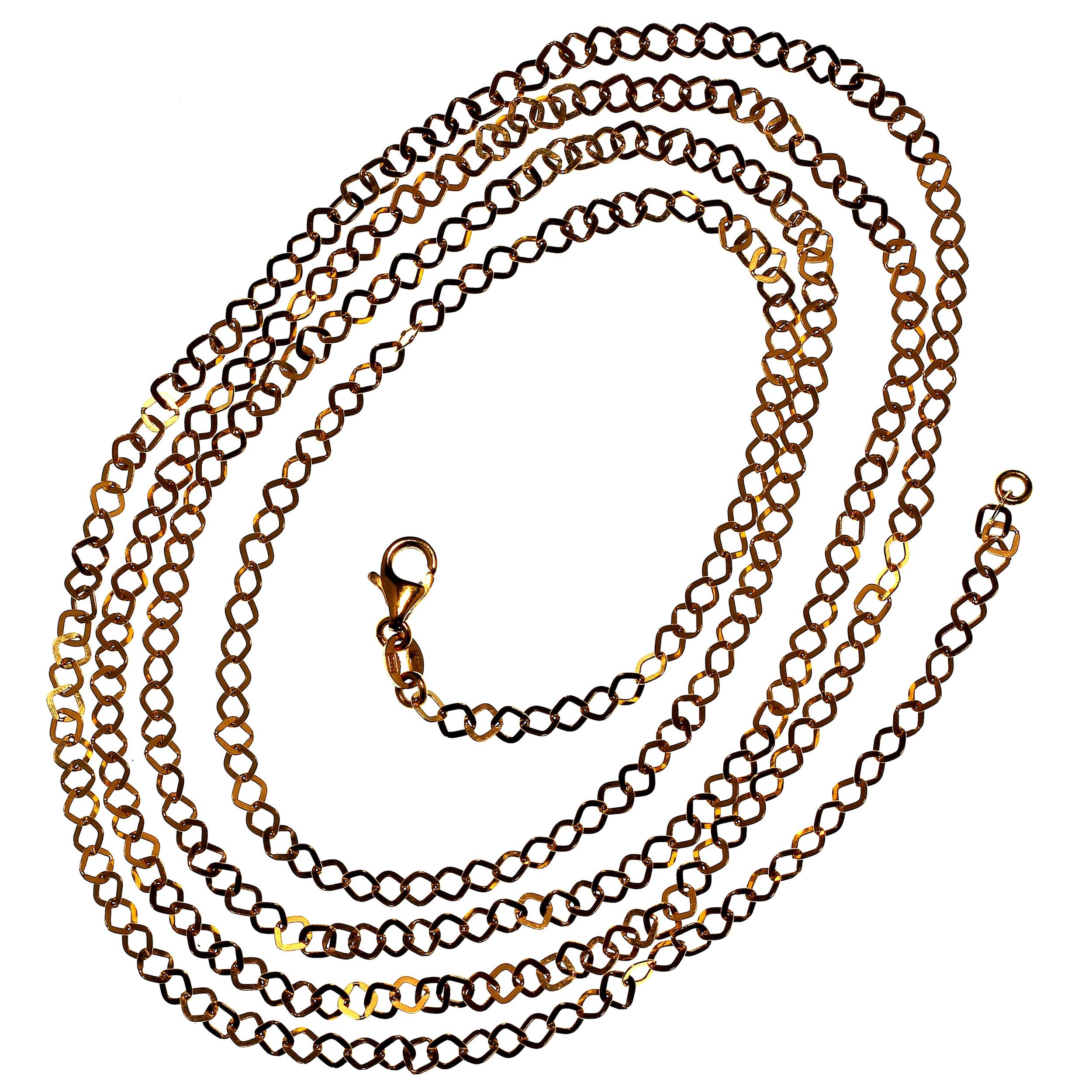 Lovely 14K yellow gold chain in luxurious 40 inch length.  This is a wonderful length for wearing with collared shirts and sweaters. Each link is a square with rounded corners. The interior is cut so that the links sit in each corner to create