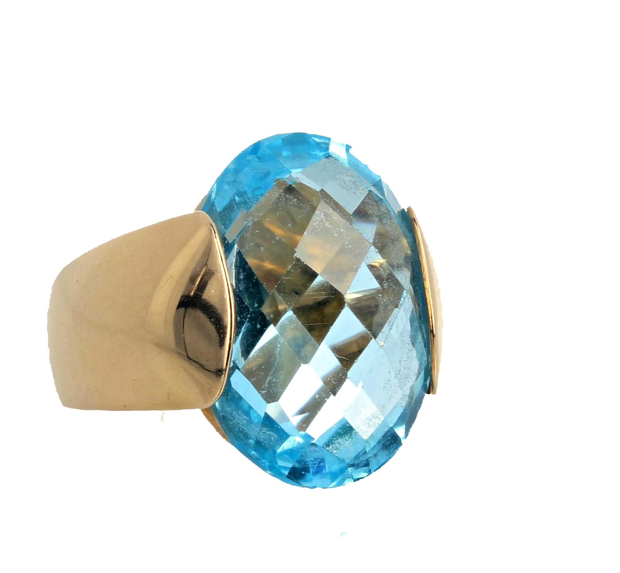 AJD Gorgeously Modern Fiery 14.75 Ct. HUGE Oval Sky Blue Topaz Gold Ring In New Condition For Sale In Raleigh, NC