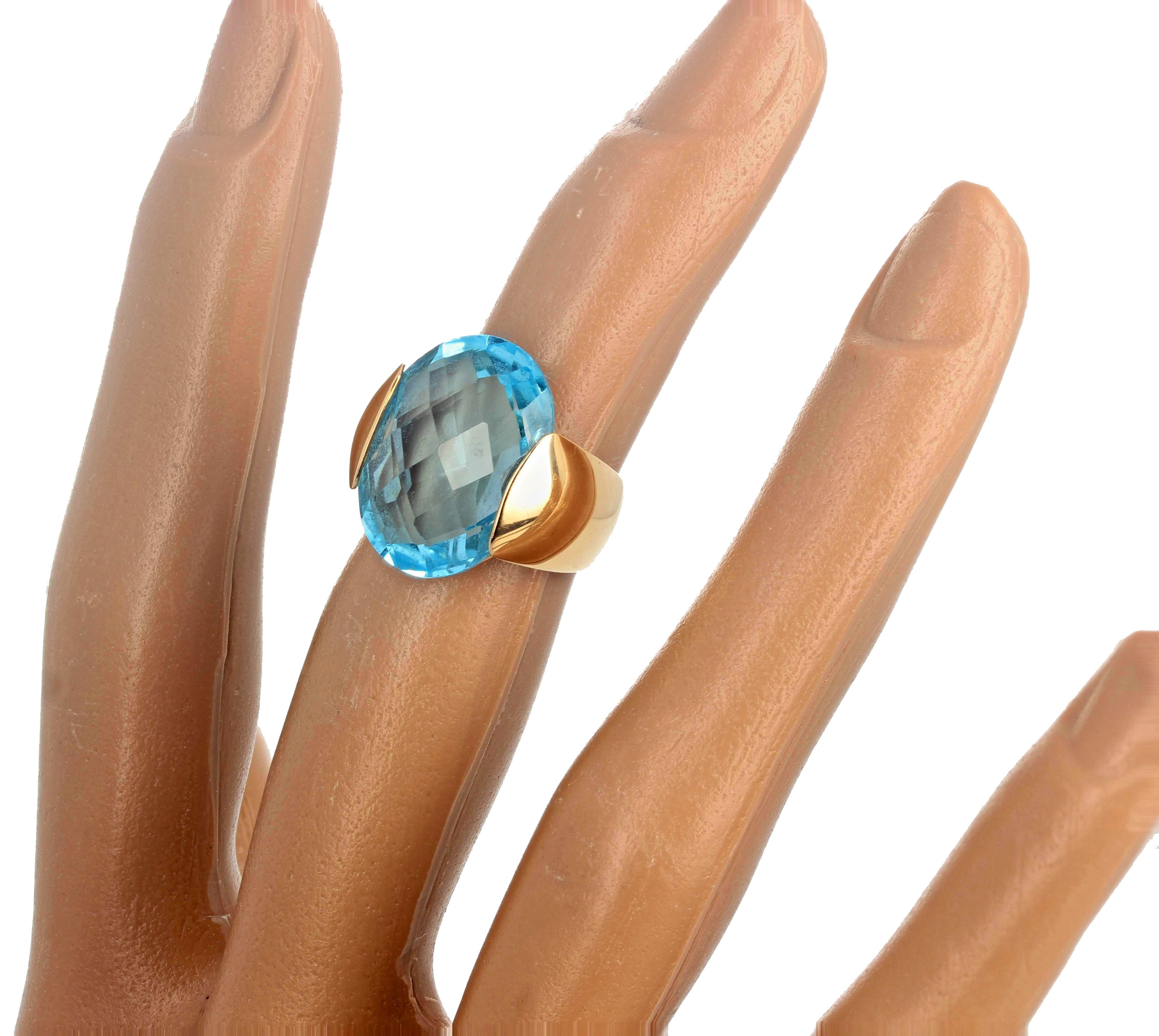 AJD Gorgeously Modern Fiery 14.75 Ct. HUGE Oval Sky Blue Topaz Gold Ring For Sale 1