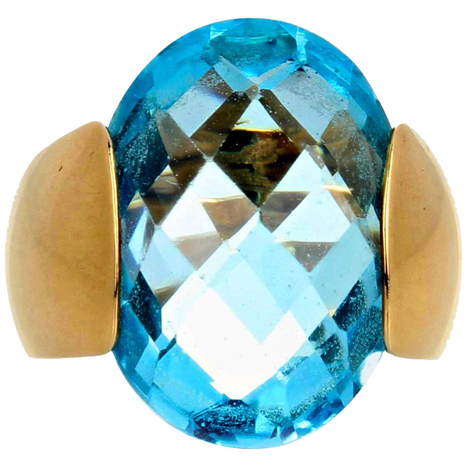 AJD Gorgeously Modern Fiery 14.75 Ct. HUGE Oval Sky Blue Topaz Gold Ring For Sale