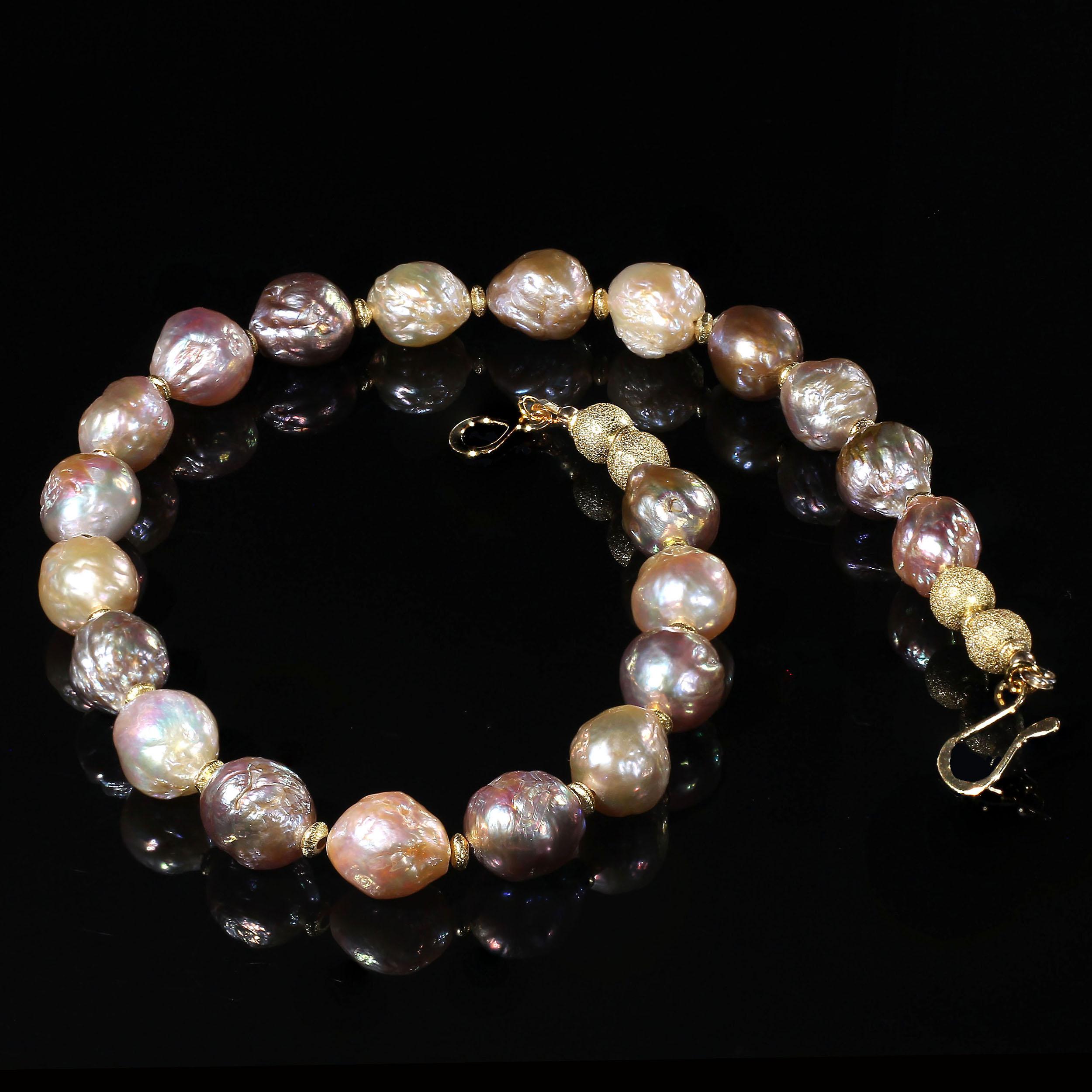 Baroque Pearl Choker Necklace in Natural Multi Tones with tiny gold tone accents with bring out the goldy color and iridescent shades.  This unique necklace is a 15 inch choker length and secured with a smooth shiny 14K gold vermeil hook and eye.