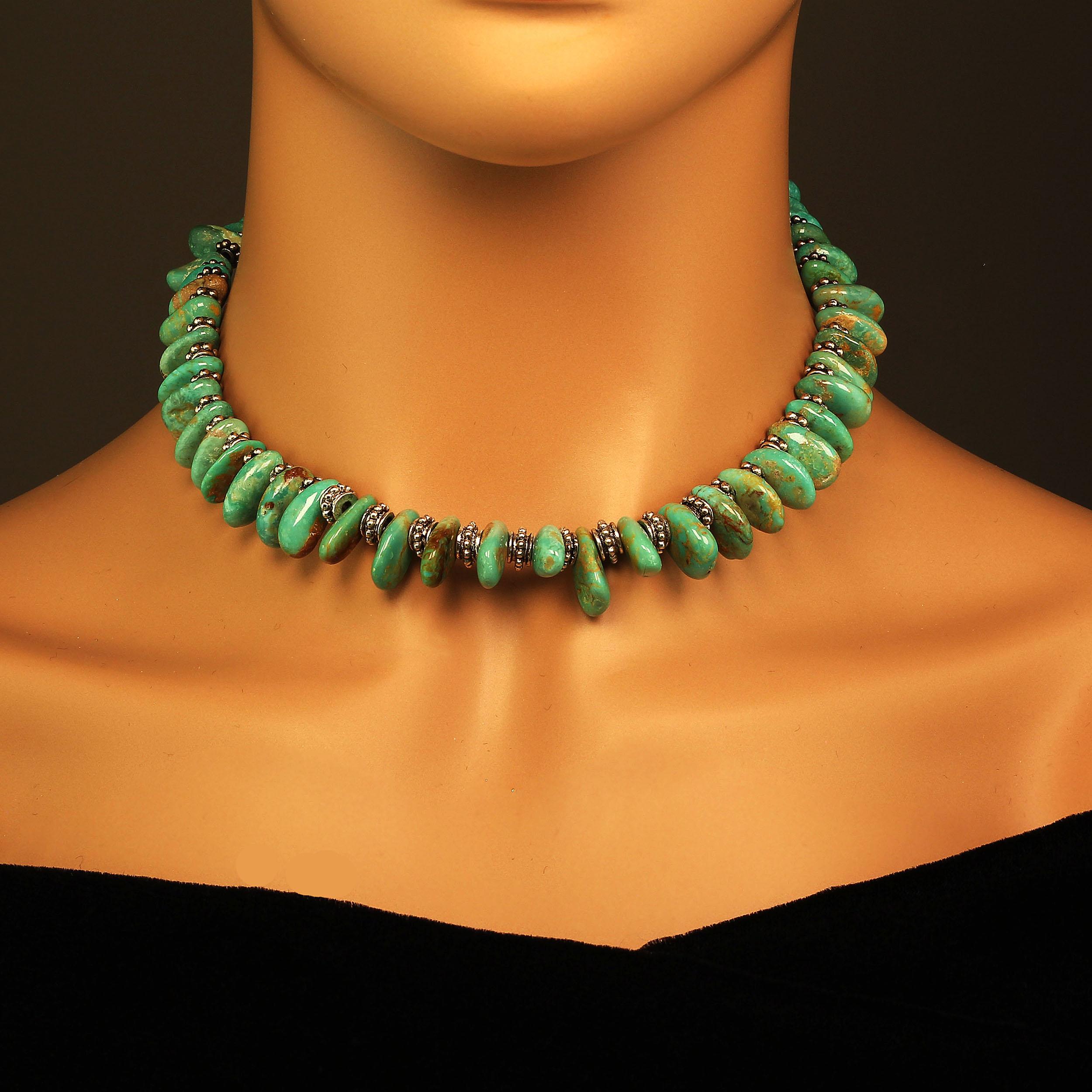 Delicate 16 inch choker necklace in World Famous Elisa Turquoise teardrops. and Bali beads. This gorgeous combination is unique.  These Elisa Turquoise teardrops are an average size of 15 X 9 MM.  This unique choker is secured with a Celtic knot