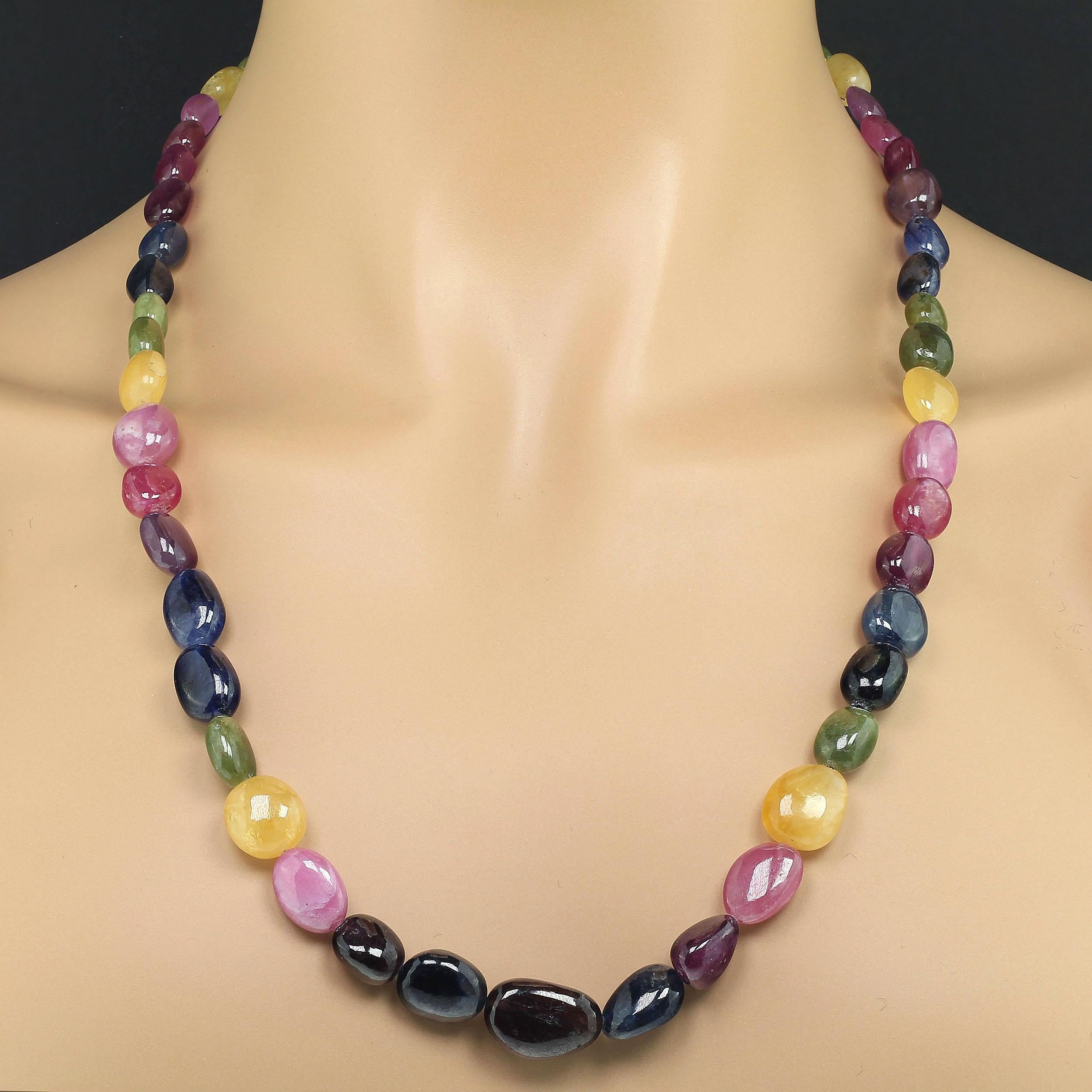 Graduated multi color Sapphire nuggets with a gold vermeil hook and eye clasp necklace. Wearing this spectacular, colorful necklace with everything you own will put you in your happy place. 25 Inches is a great versatile length. These highly