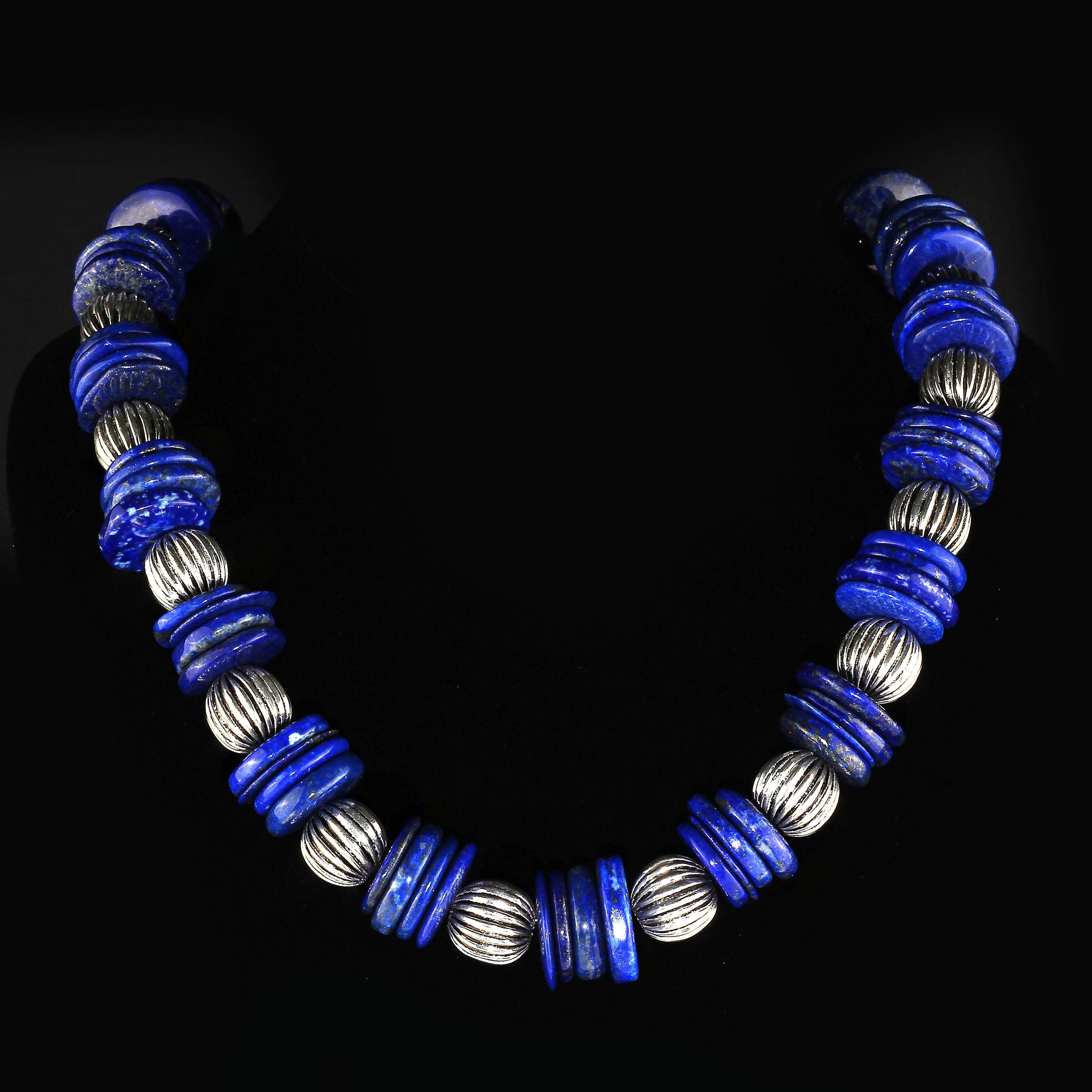 Bead AJD Necklace of Blue Lapis Lazuli Slices with Ribbed Silver Accents