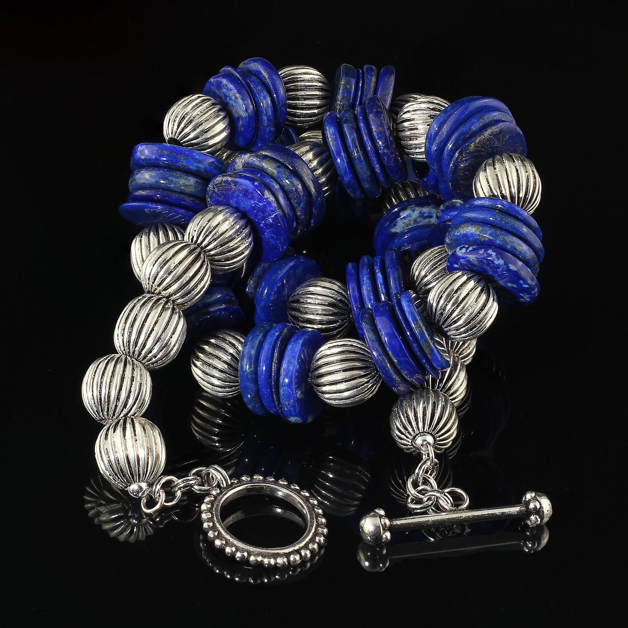 Women's or Men's AJD Necklace of Blue Lapis Lazuli Slices with Ribbed Silver Accents