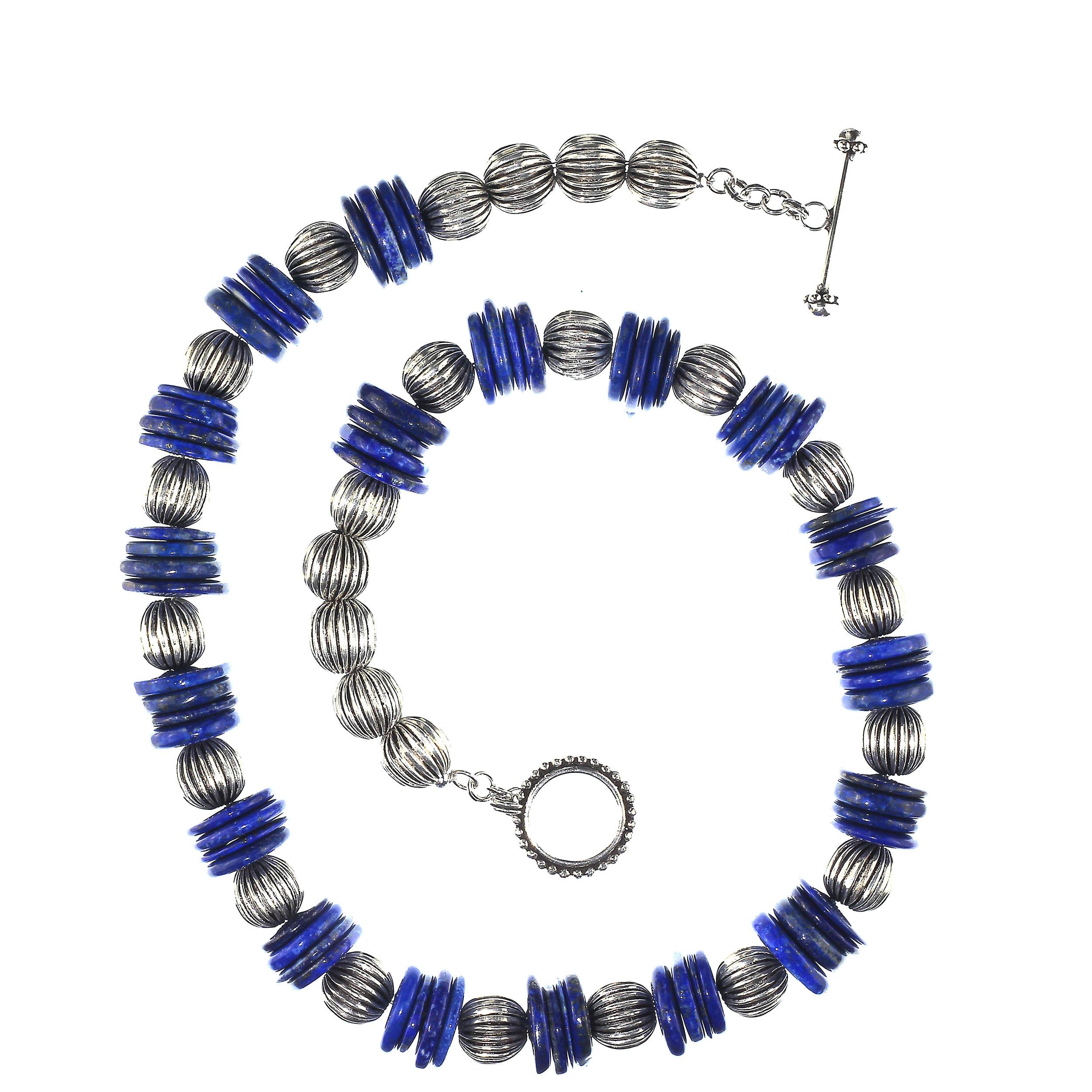 Artist AJD Necklace of Blue Lapis Lazuli Slices with Ribbed Silver Accents