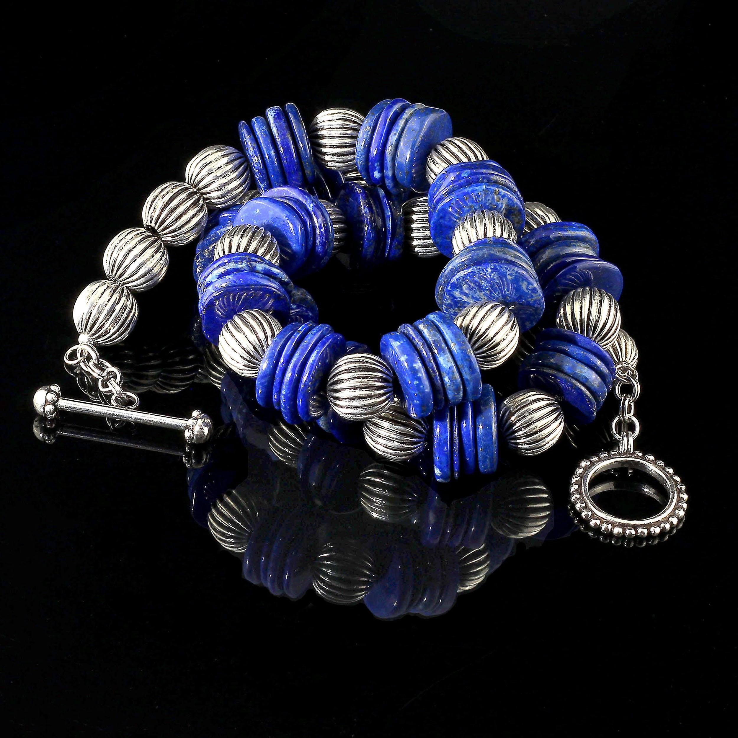 AJD Necklace of Blue Lapis Lazuli Slices with Ribbed Silver Accents 1