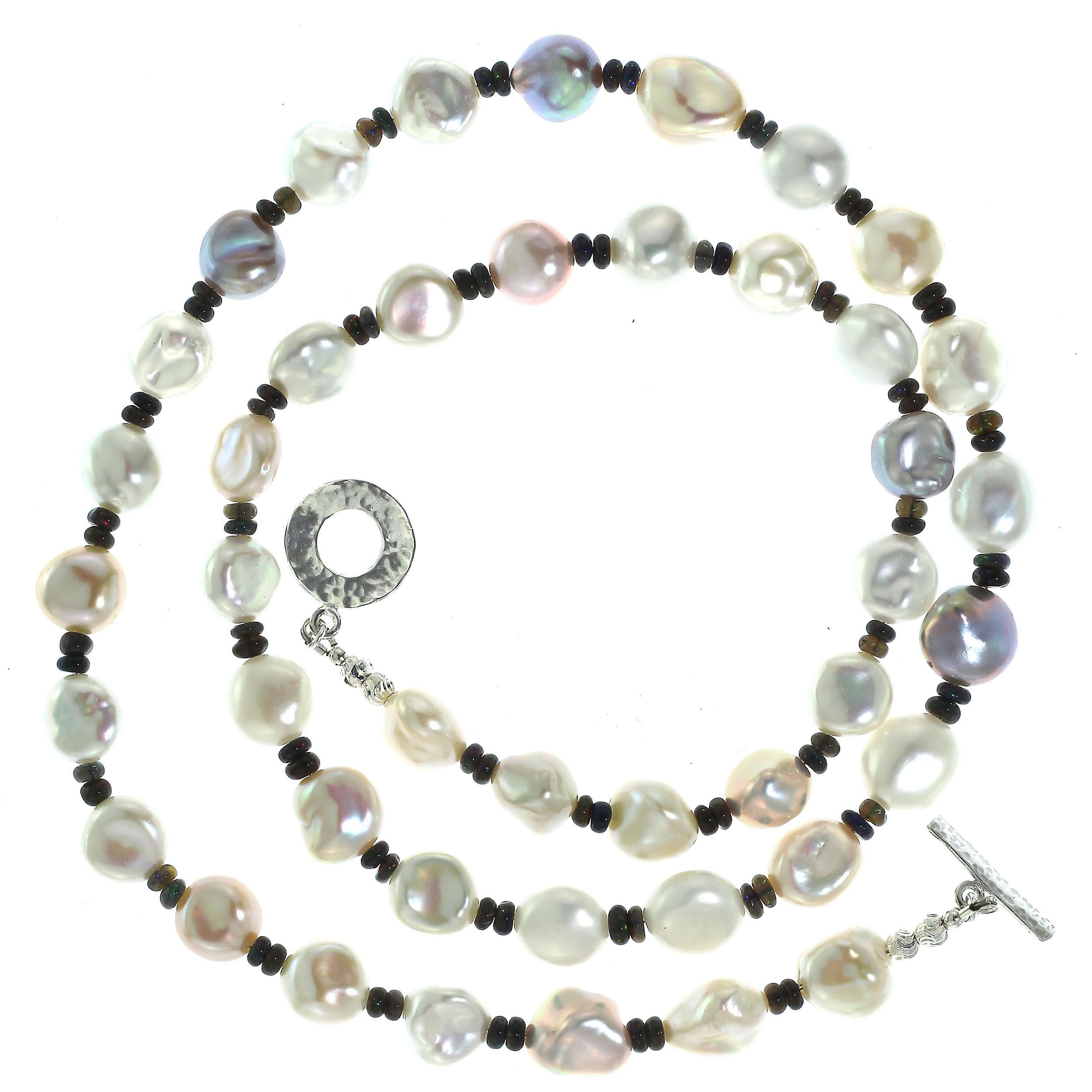 Women's or Men's Glowing, Freshwater Pearl Necklace with Black Opal Accents