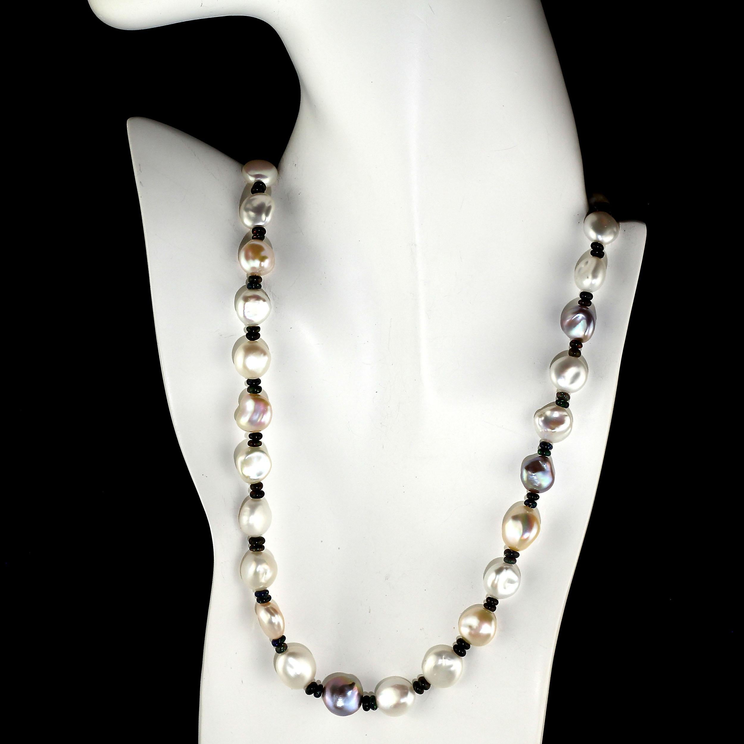 Bead Glowing, Freshwater Pearl Necklace with Black Opal Accents